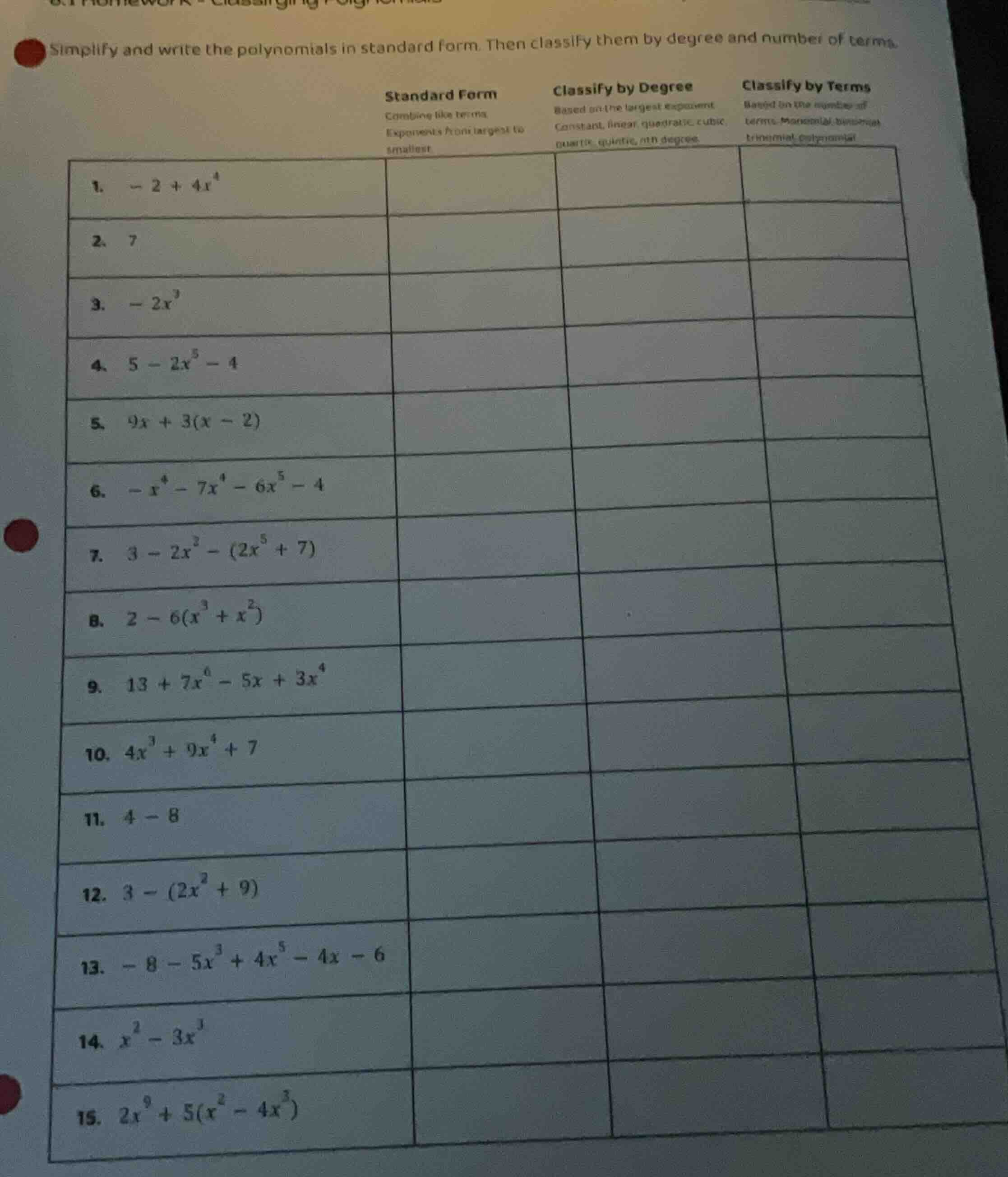 simplify and write the polynomials in standard form. then classify them…