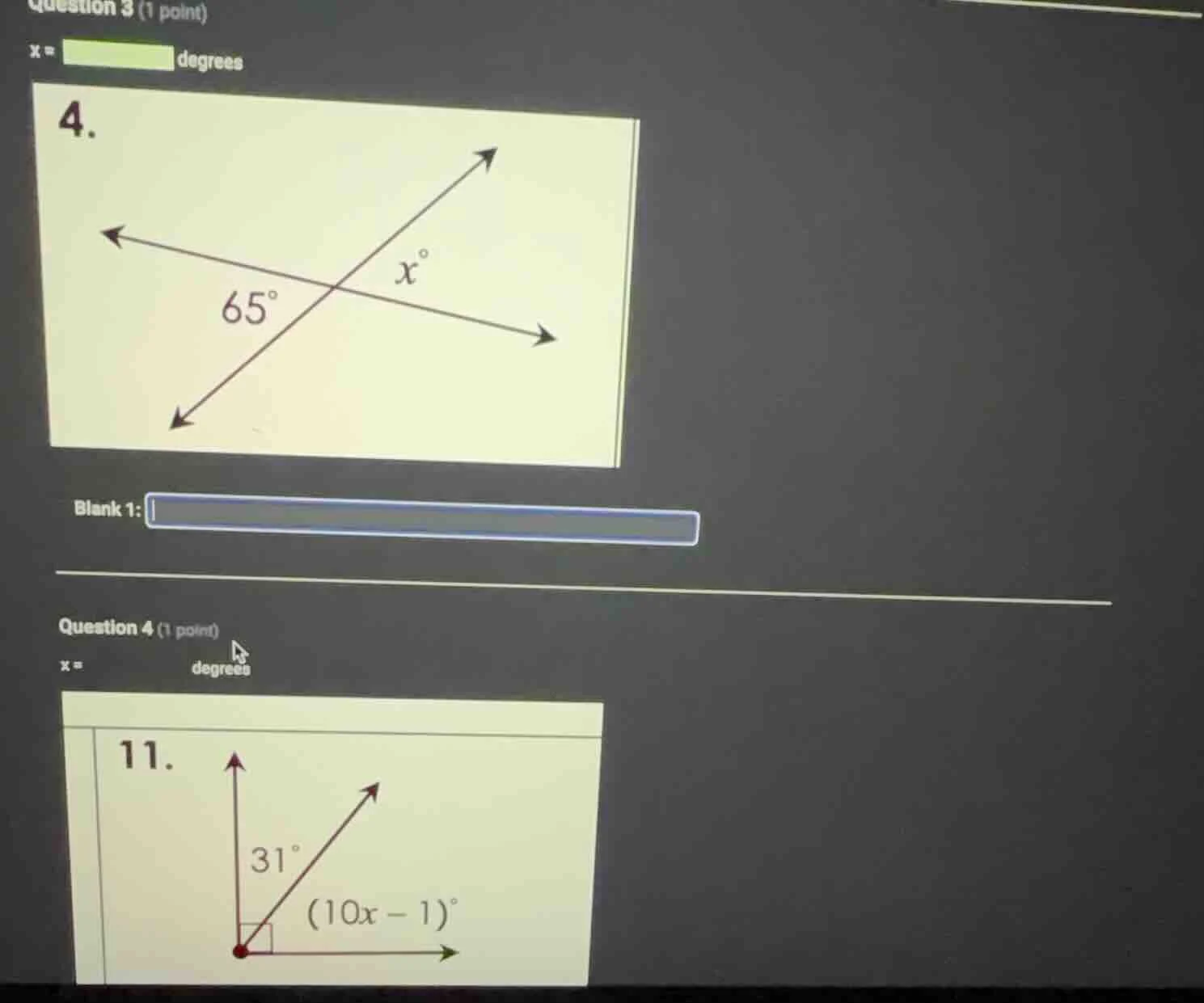 question 3 (1 point) x = ____ degrees 4. find the value of $x$ where tw…