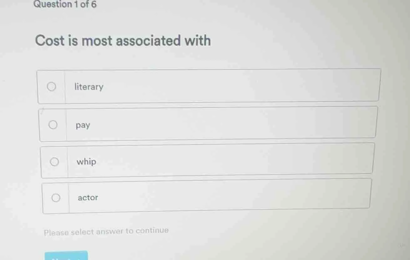 question 1 of 6 cost is most associated with literary pay whip actor pl…