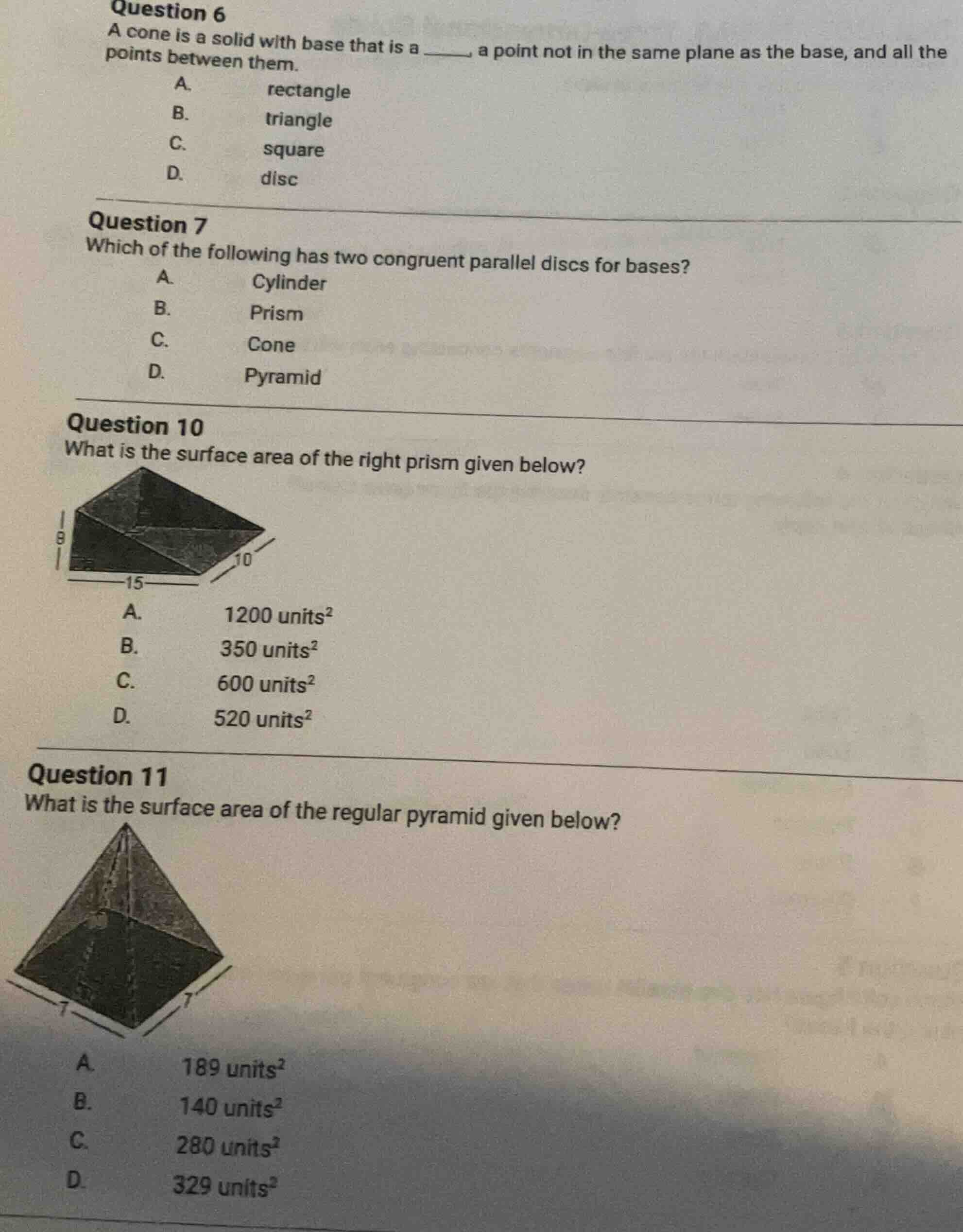 question 6 a cone is a solid with base that is a ______, a point not in…