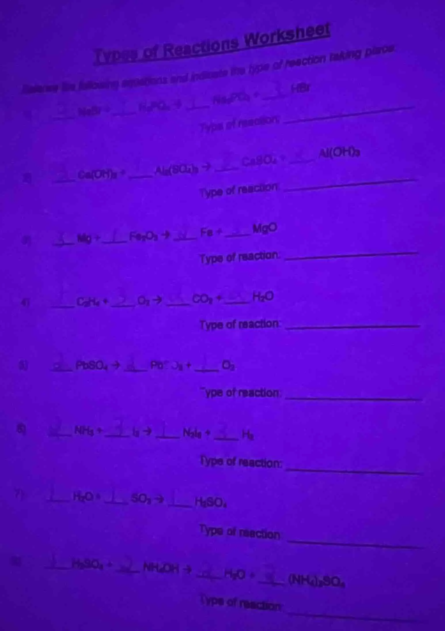 types of reactions worksheet balance the following equations and indica…