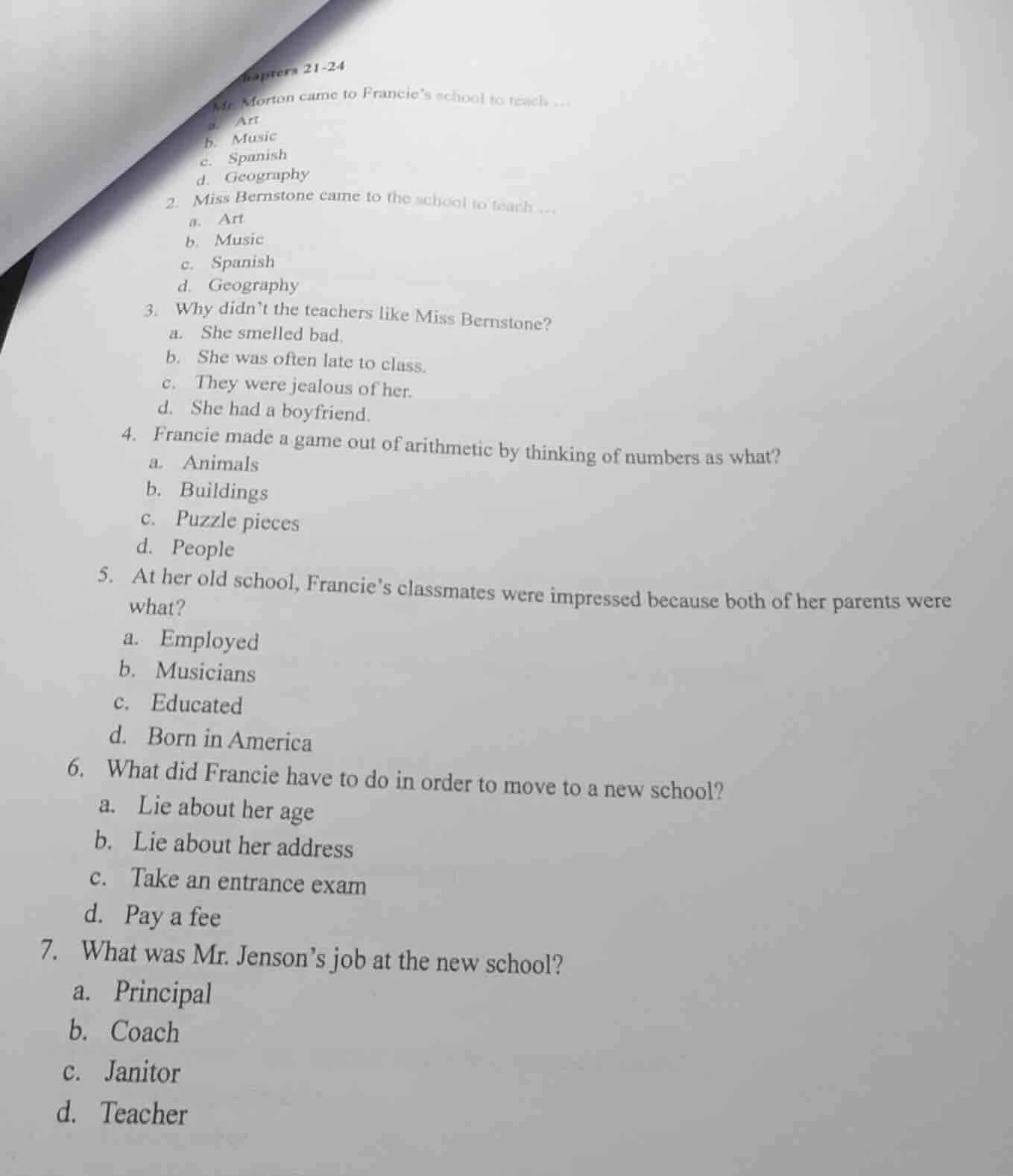 chapters 21-241. mr. morton came to francies school to teach ...a. artb…