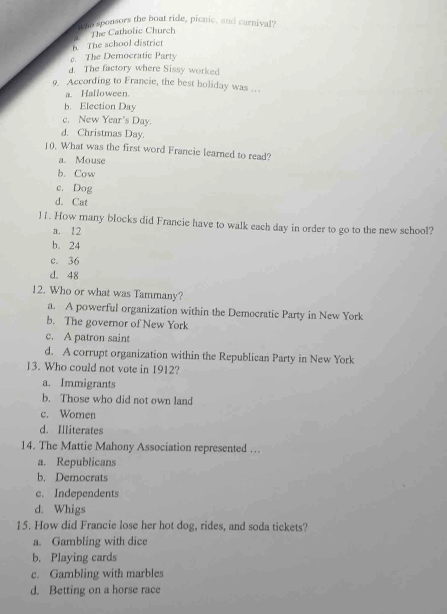 who sponsors the boat ride, picnic, and carnival? a. the catholic churc…