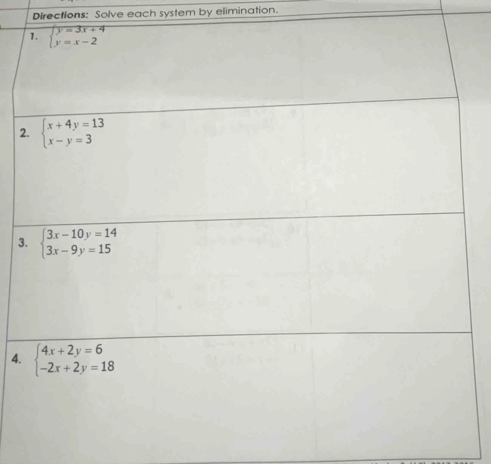 directions: solve each system by elimination. 1. $\\begin{cases} y=3x+4…