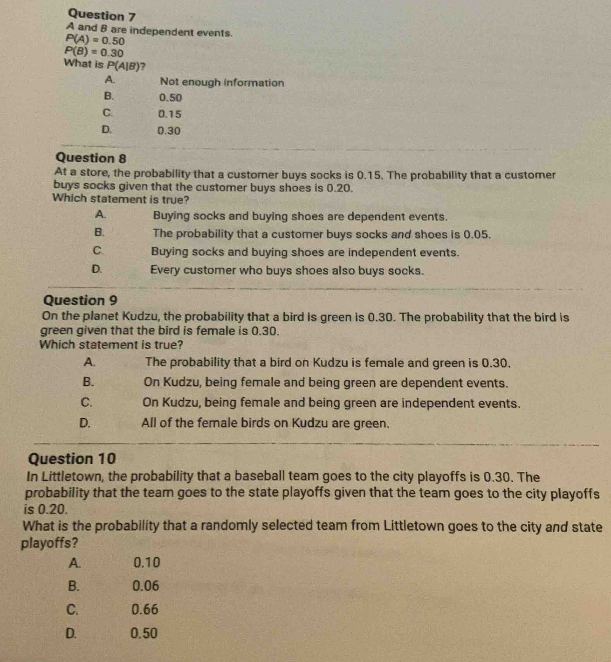 question 7 a and b are independent events. $p(a) = 0.50$ $p(b) = 0.30$ …