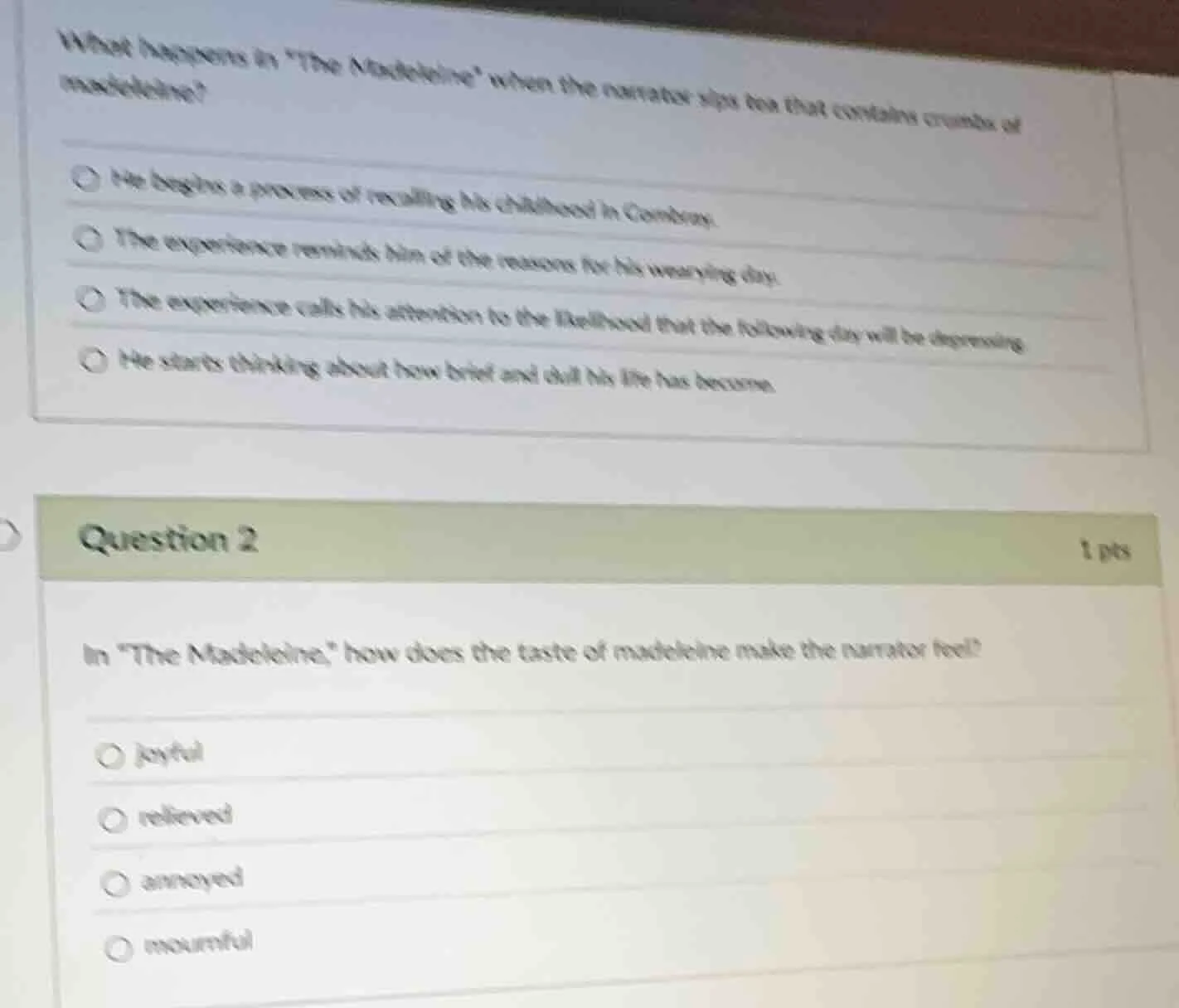 what happens in \the madeleine\ when the narrator sips tea that contain…