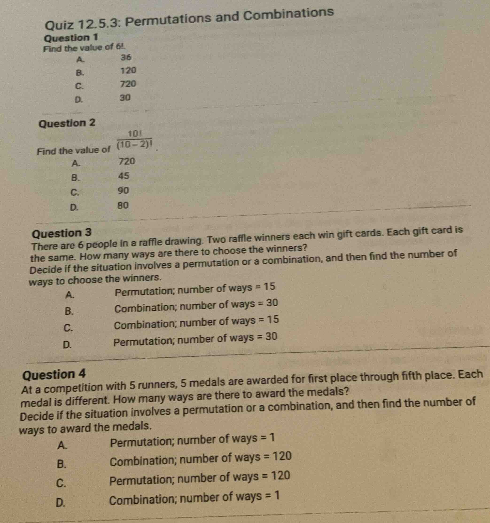 quiz 12.5.3: permutations and combinations question 1 find the value of…