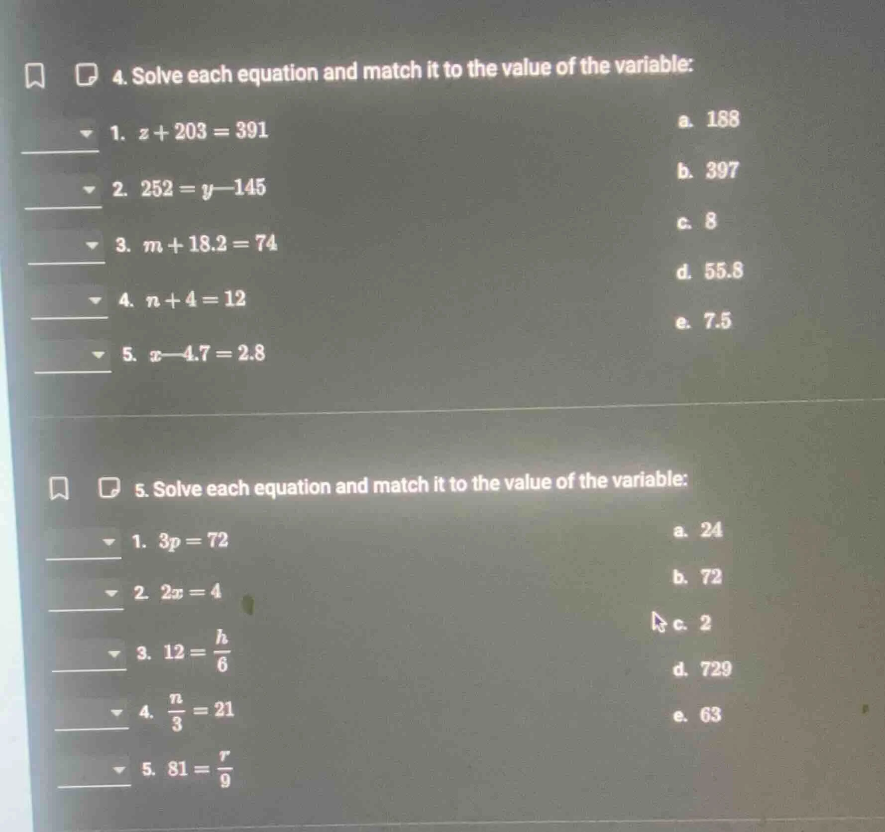 4. solve each equation and match it to the value of the variable: 1. $z…