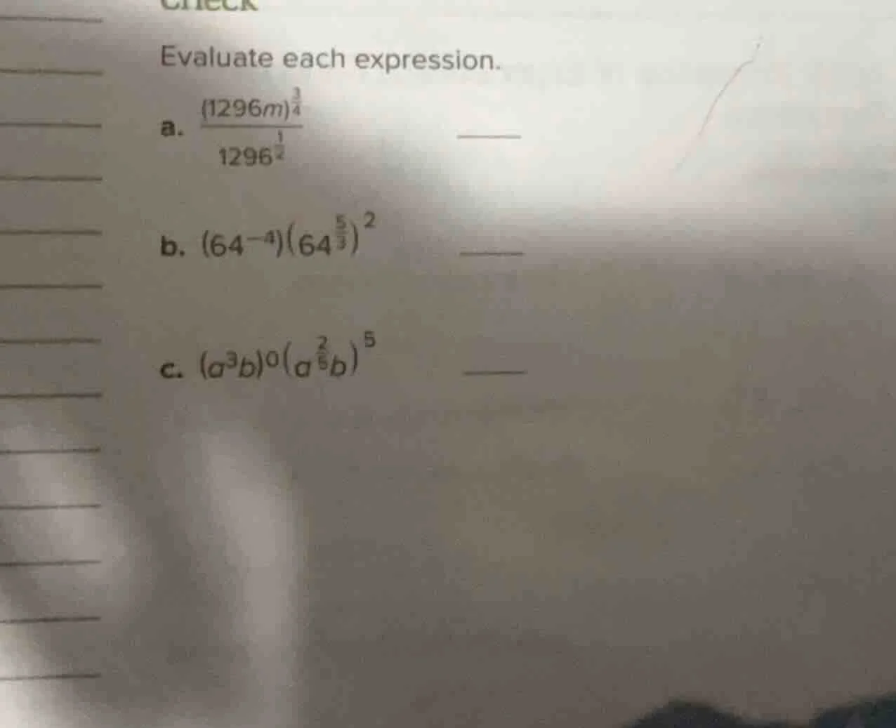 evaluate each expression. a. $\frac{(1296m)^{\frac{3}{4}}}{1296^{\frac{…