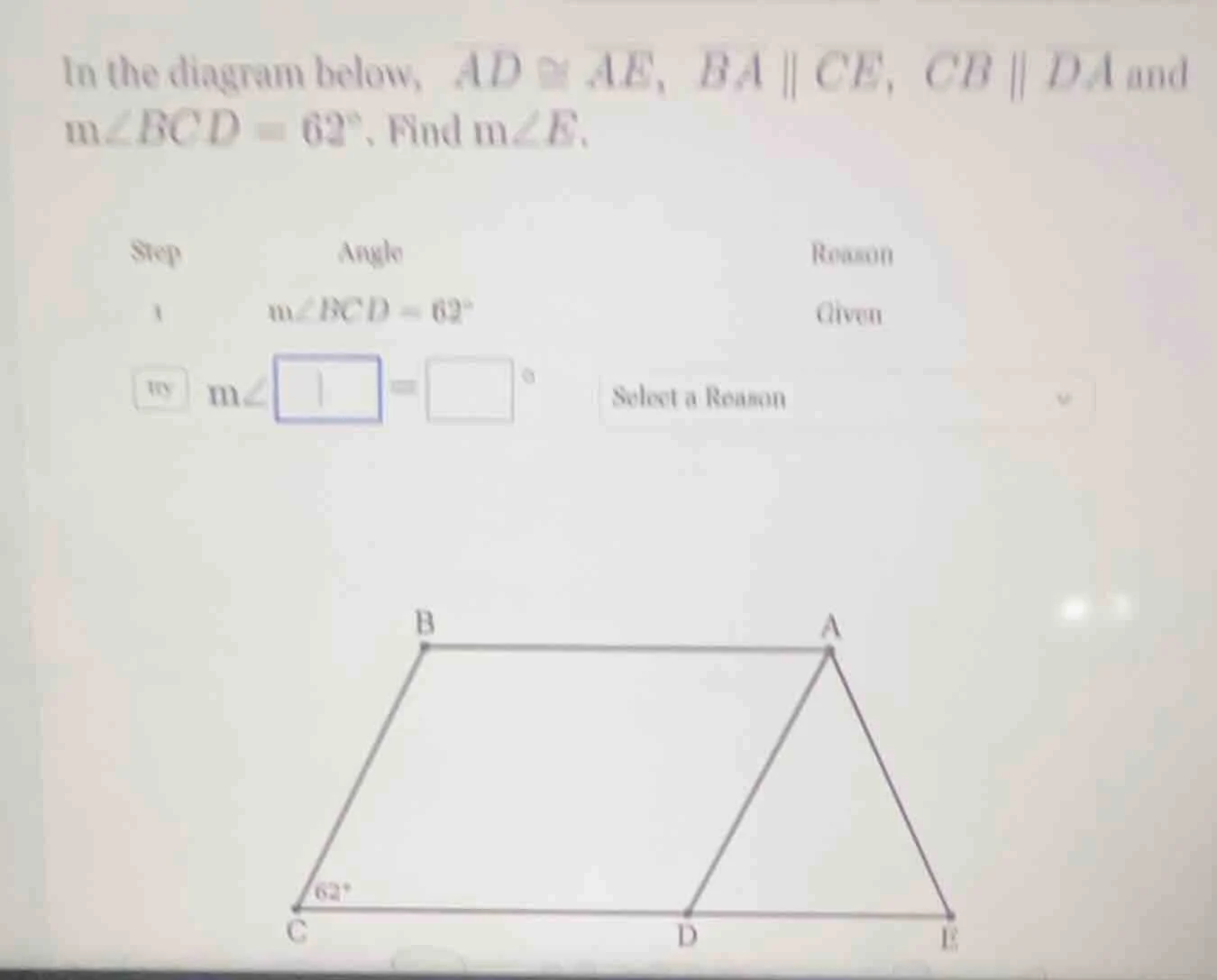 in the diagram below, $ad \\cong ae$, $ba \\parallel ce$, $cb \\paralle…