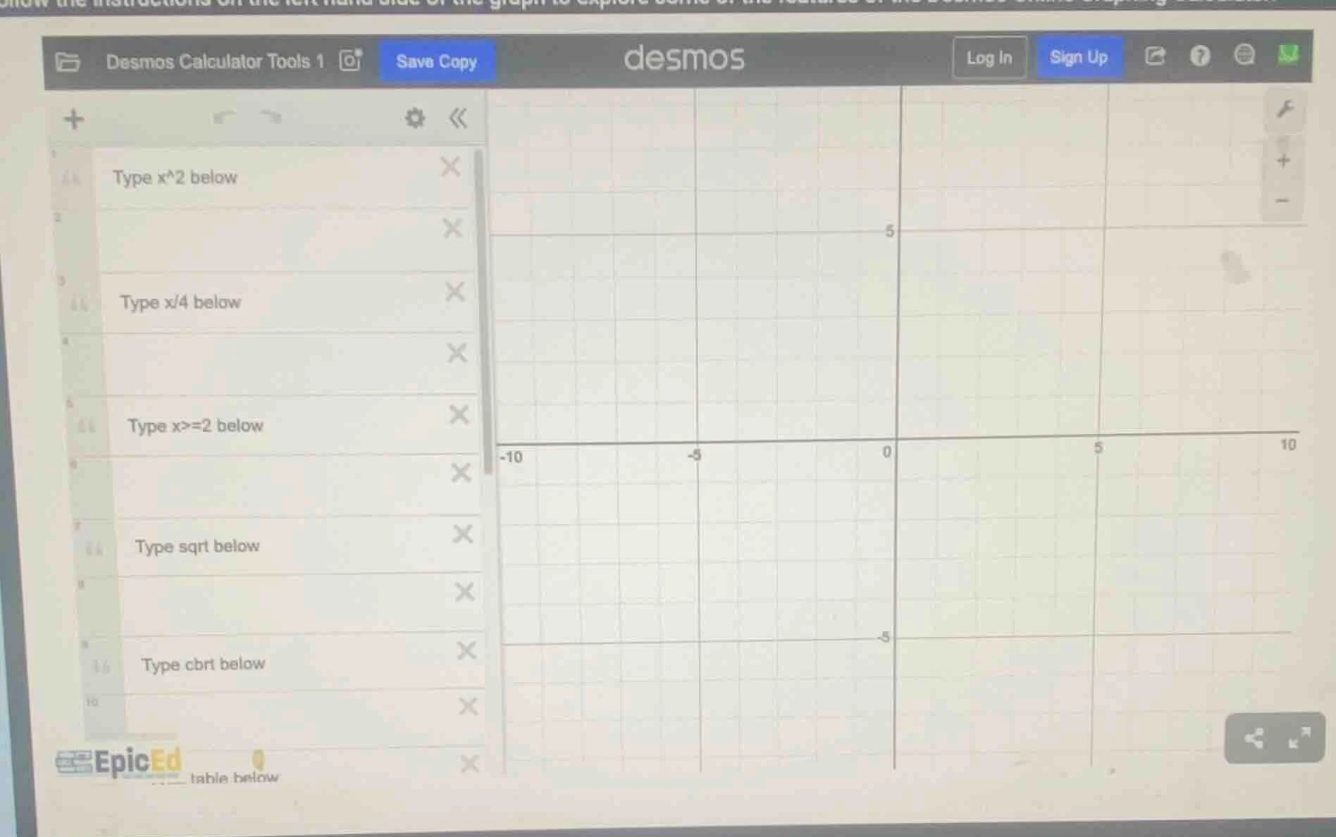 desmos calculator tools 1 save copy desmos log in sign up type x^2 belo…