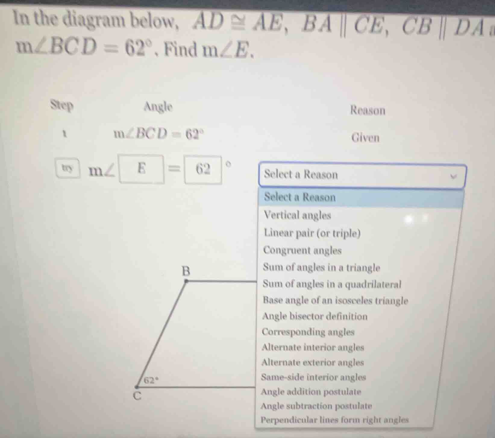 in the diagram below, $ad \\cong ae$, $ba \\parallel ce$, $cb \\paralle…