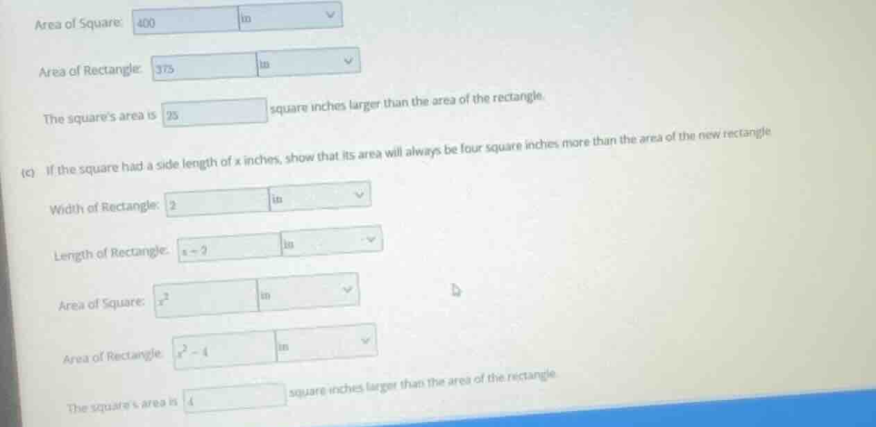 area of square: 400 inarea of rectangle: 375 inthe squares area is 25 s…