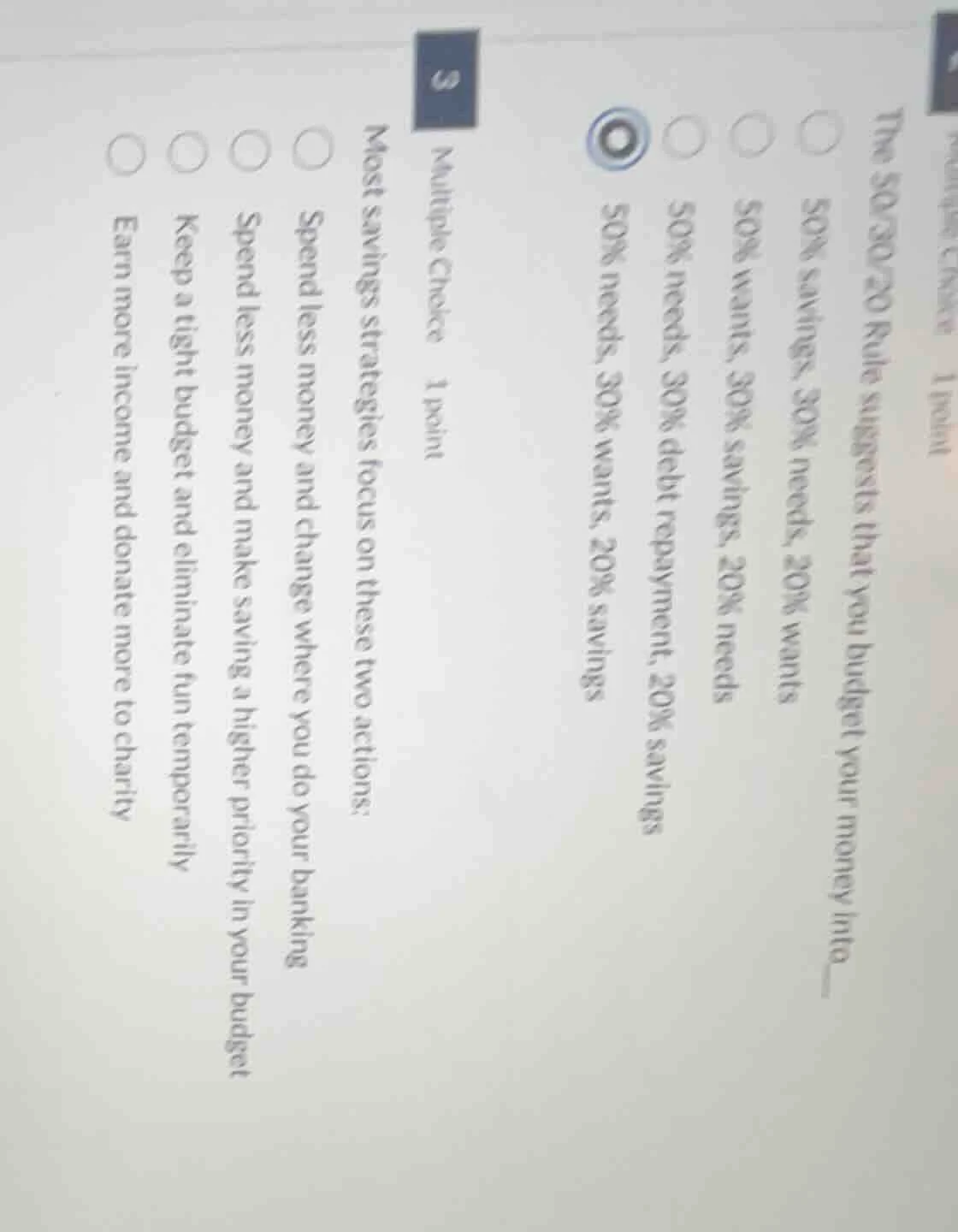 multiple choice 1 point the 50/30/20 rule suggests that you budget your…