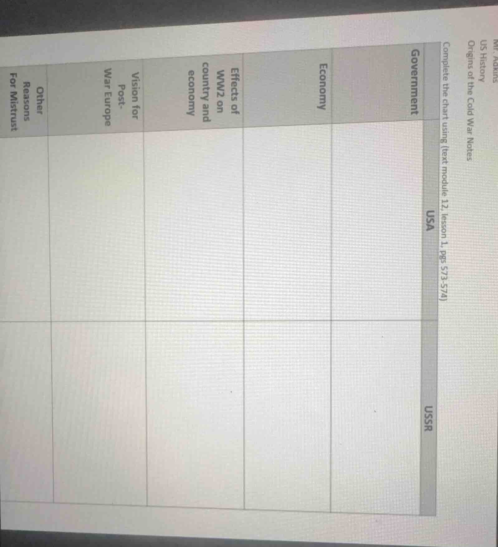 mr. adkins us history origins of the cold war notes complete the chart …