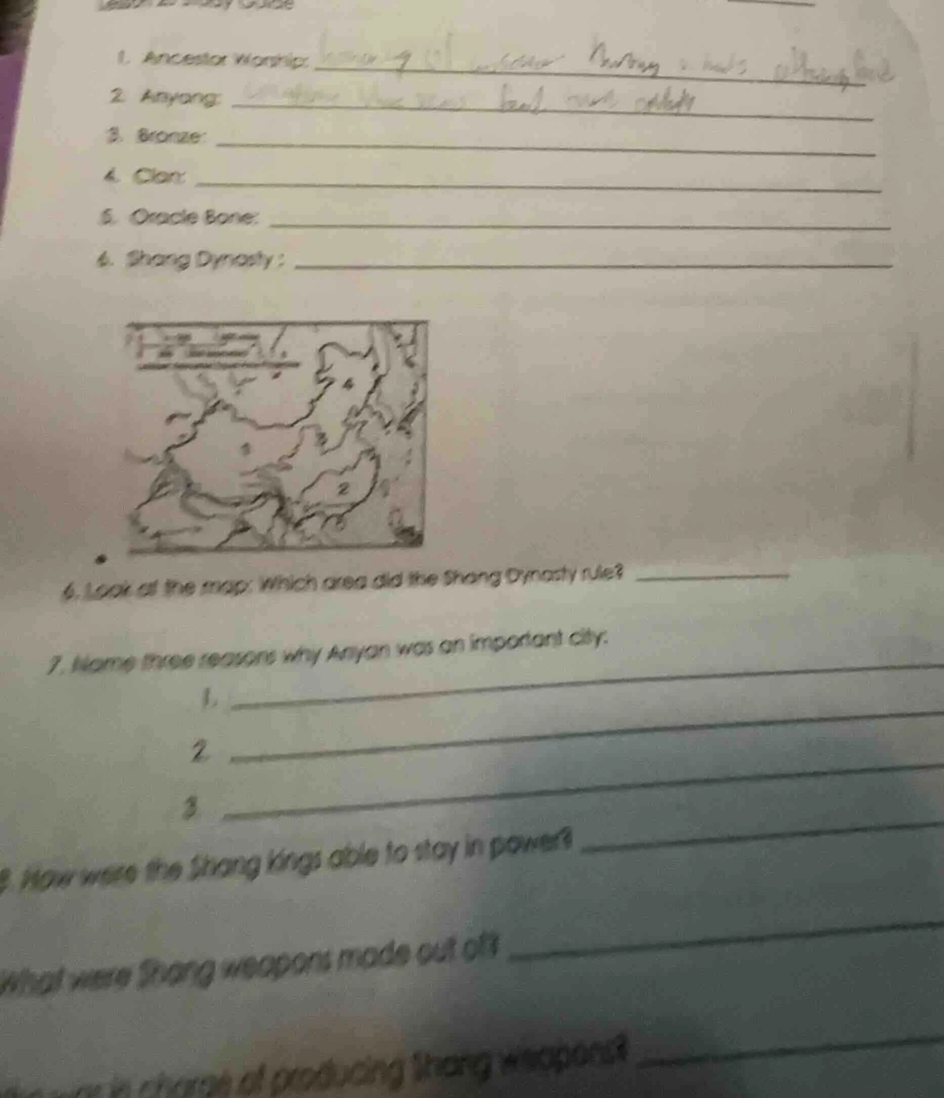 1. ancestor worship: _______2. anyang: _______3. bronze: _______4. clan…