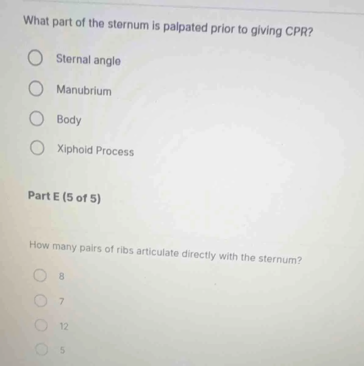 what part of the sternum is palpated prior to giving cpr? sternal angle…