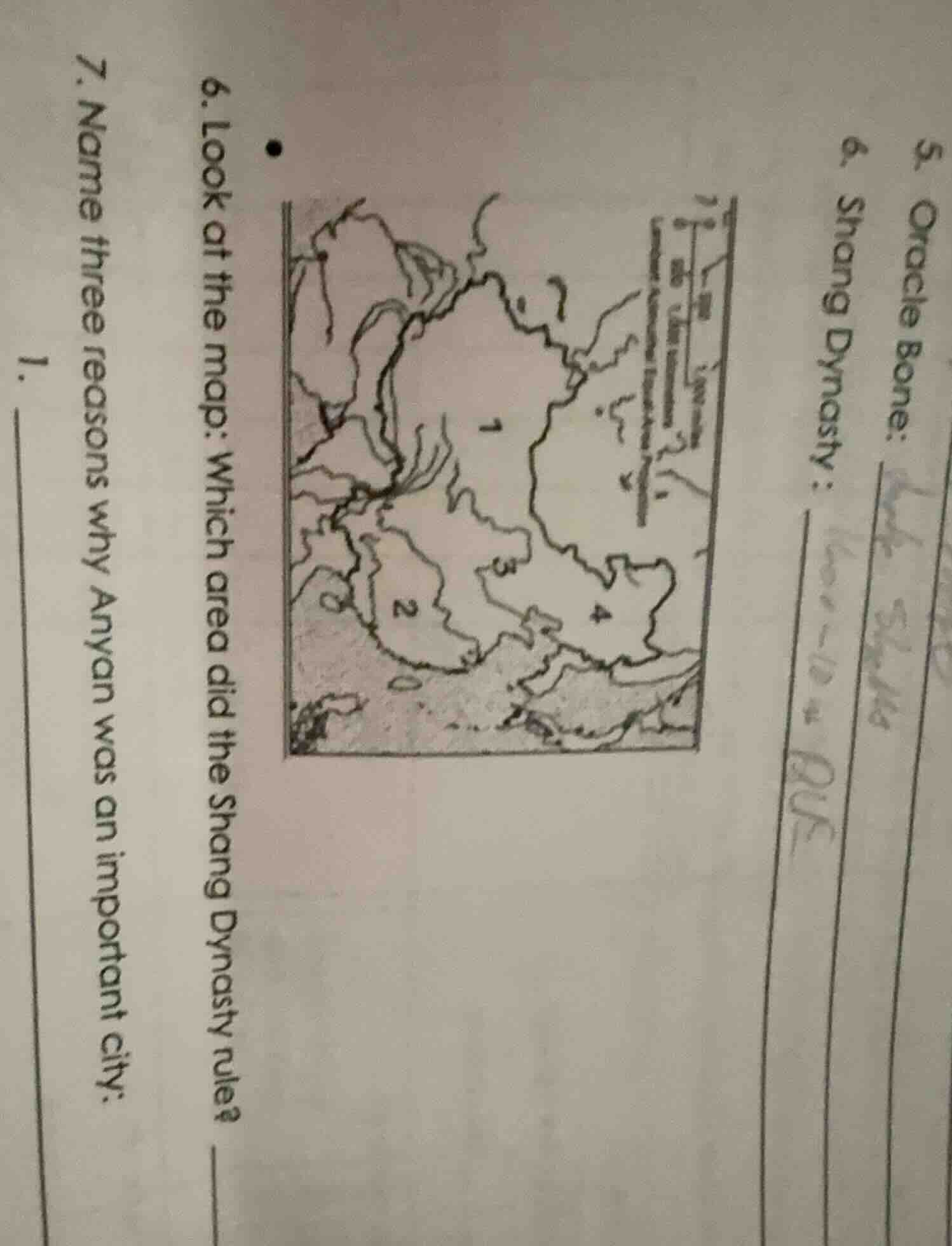 5. oracle bone: _______ 6. shang dynasty: _______ 6. look at the map: w…