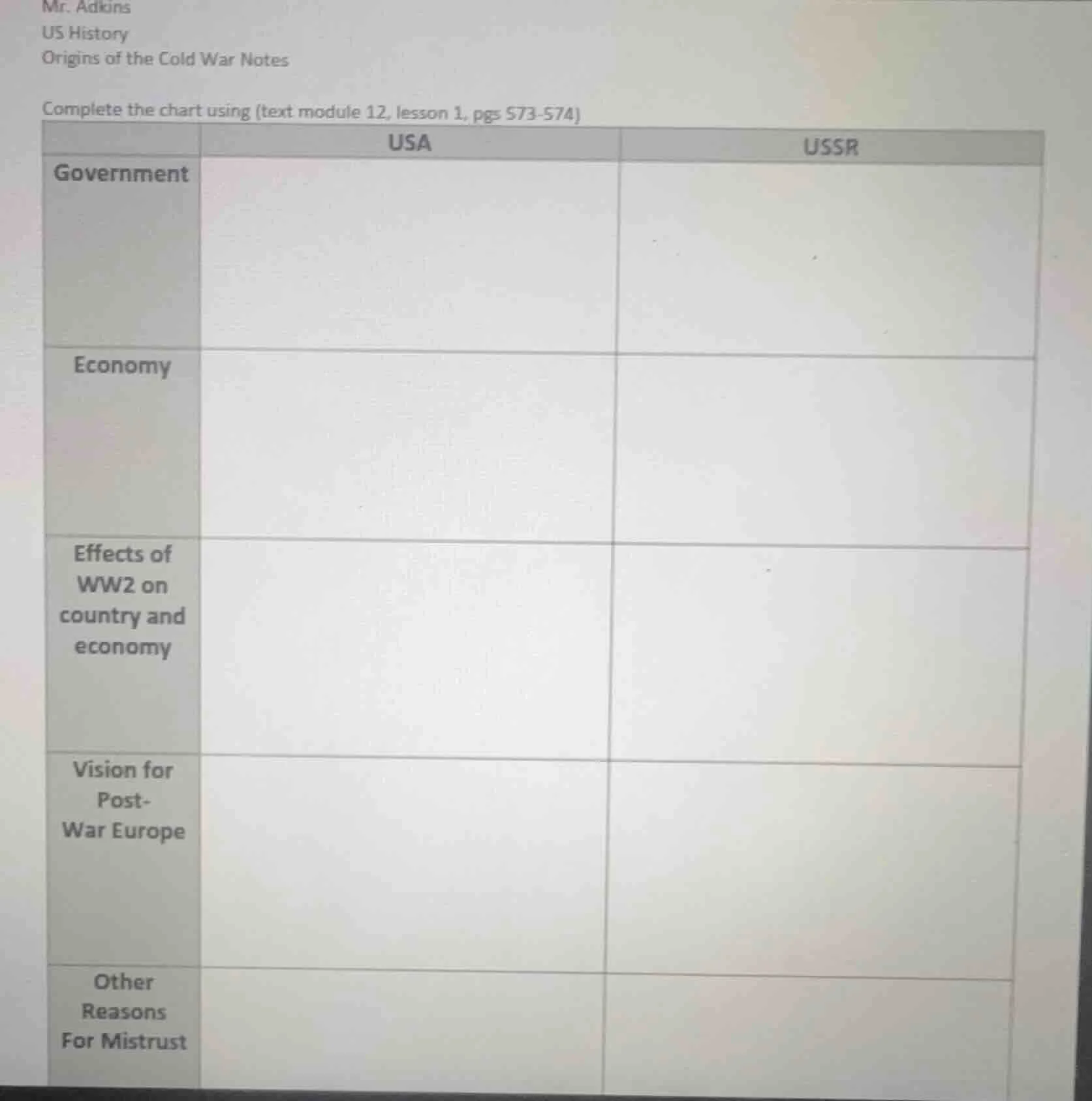 mr. adkins us history origins of the cold war notes complete the chart …