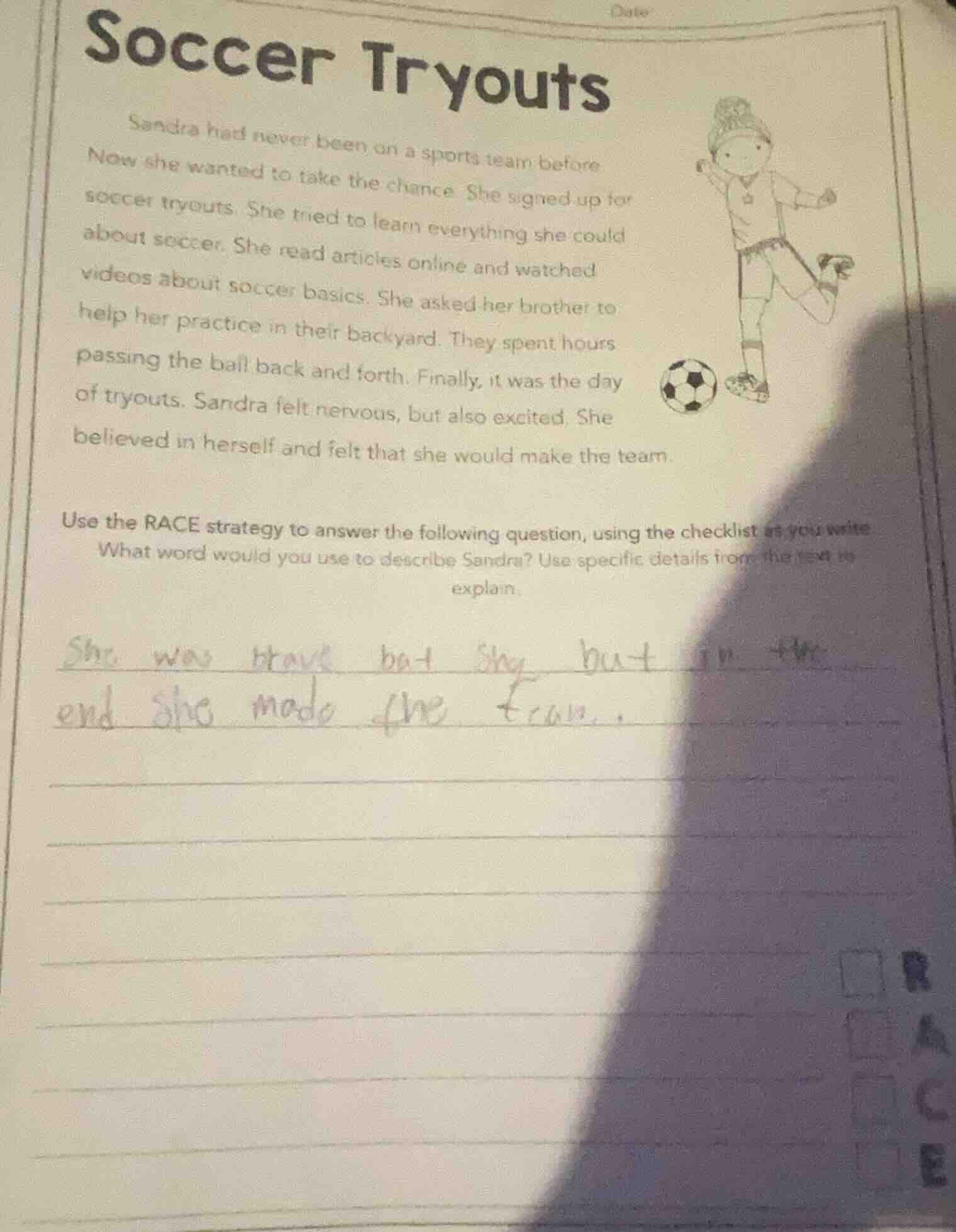 soccer tryouts sandra had never been on a sports team before. now she w…