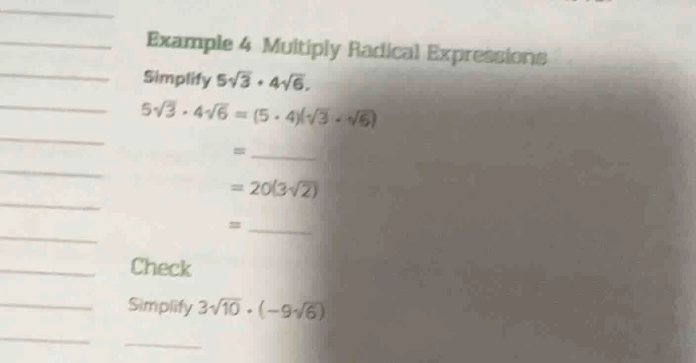 example 4 multiply radical expressions simplify $5\\sqrt{3} \\cdot 4\\s…