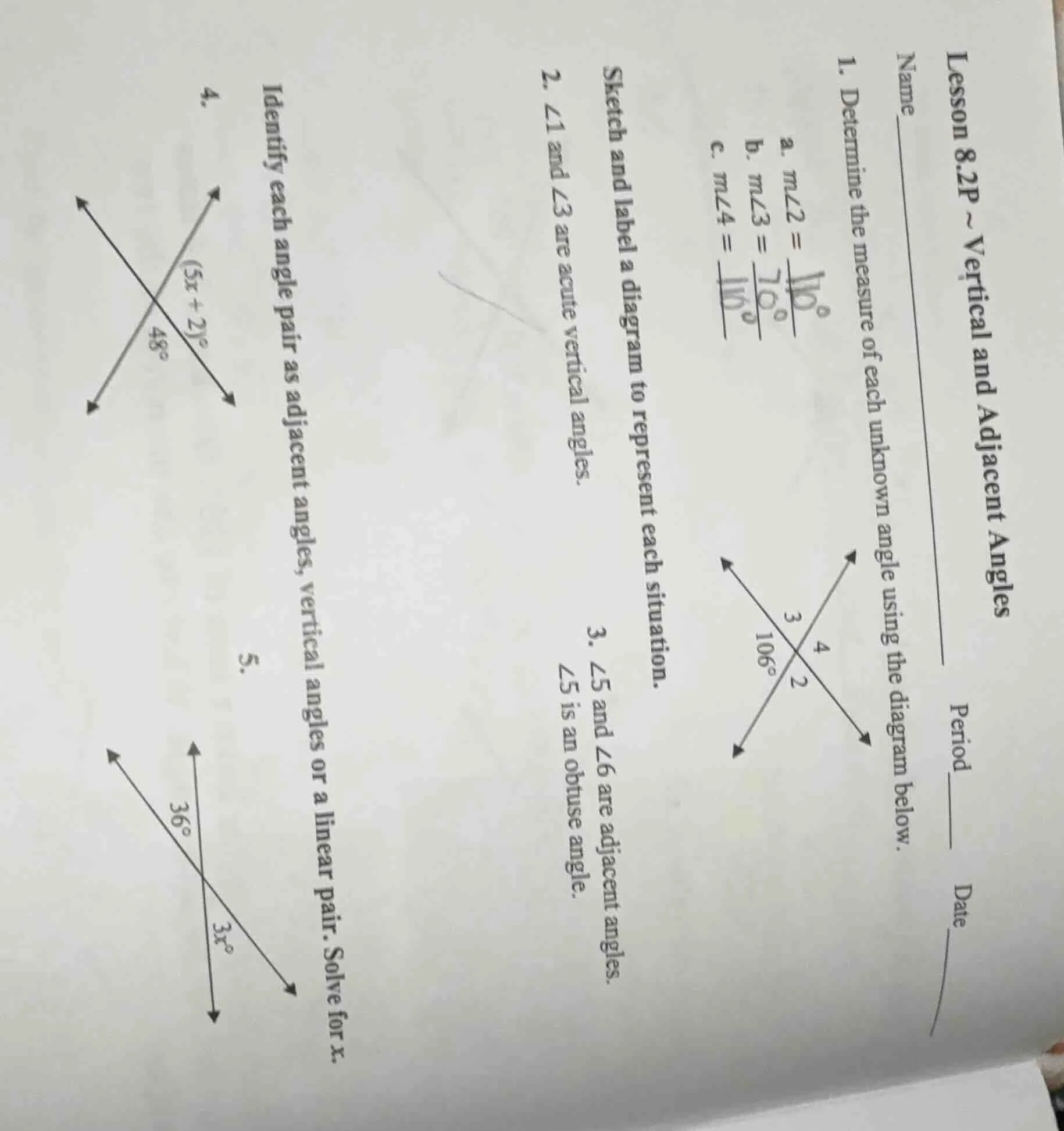 lesson 8.2p ~ vertical and adjacent angles name _______________________…