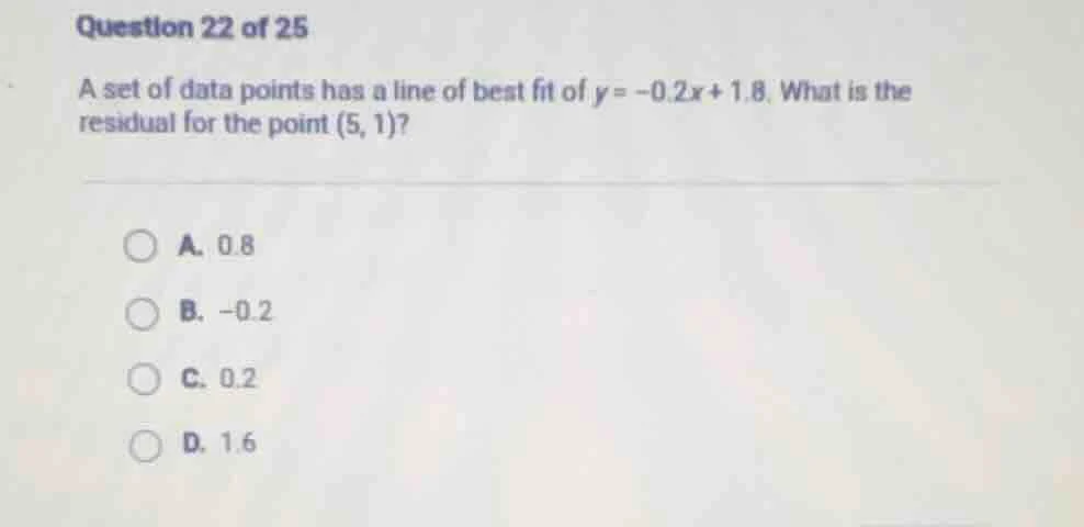 question 22 of 25 a set of data points has a line of best fit of $y=-0.…