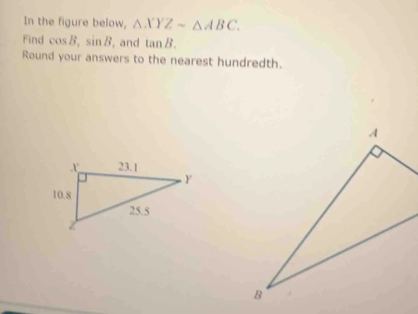 in the figure below, $\triangle xyz \\sim \\triangle abc$. find $\\cos …