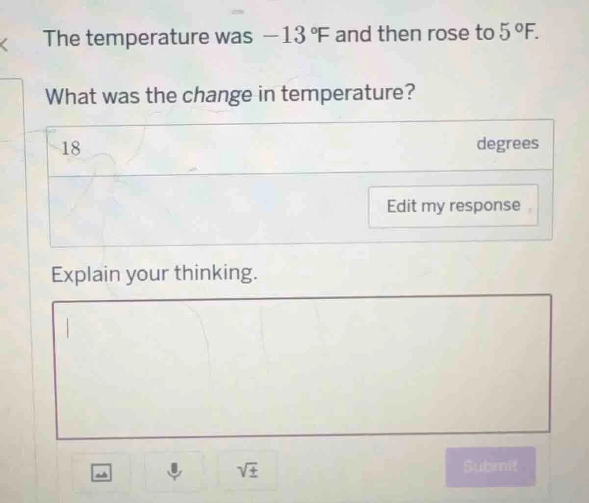 the temperature was $-13 \\, ^\\circ\\text{f}$ and then rose to $5 \\, …