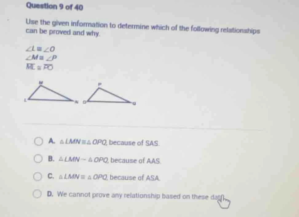 question 9 of 40 use the given information to determine which of the fo…