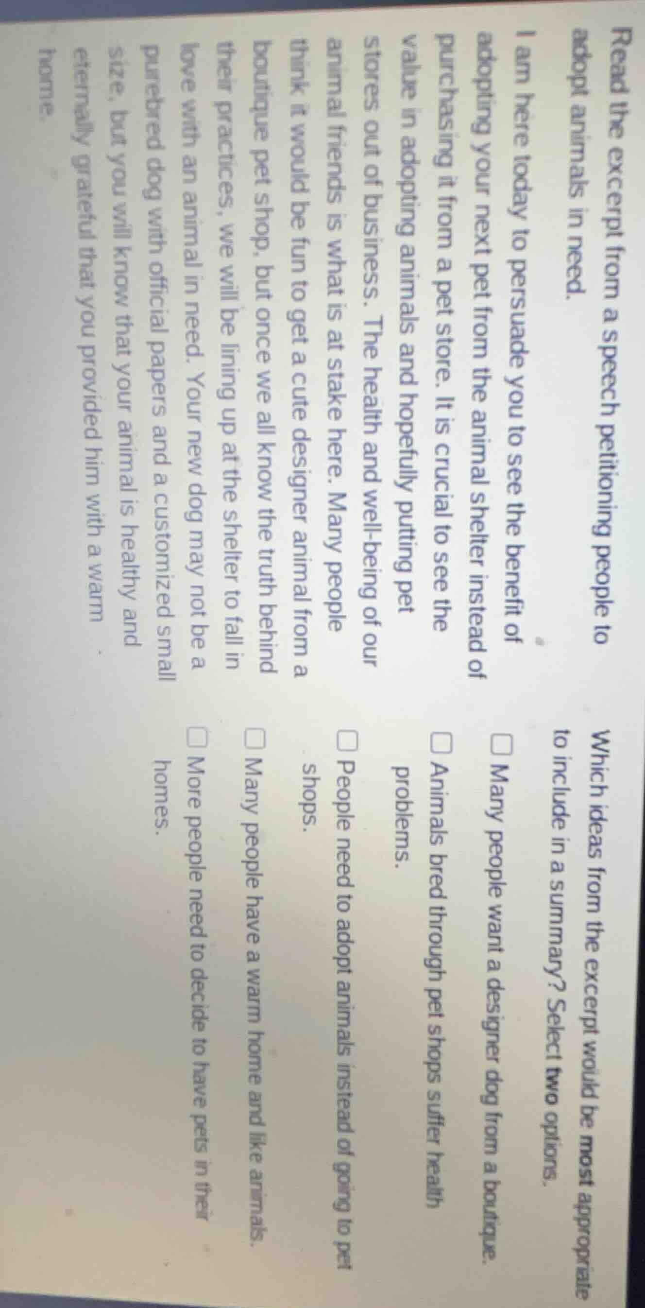 read the excerpt from a speech petitioning people to adopt animals in n…
