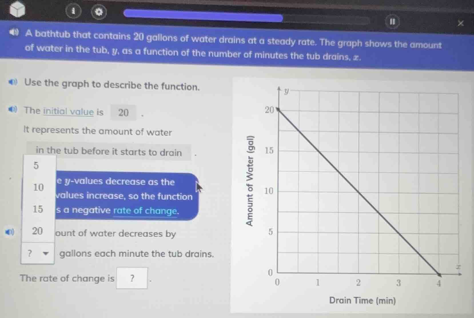 a bathtub that contains 20 gallons of water drains at a steady rate. th…