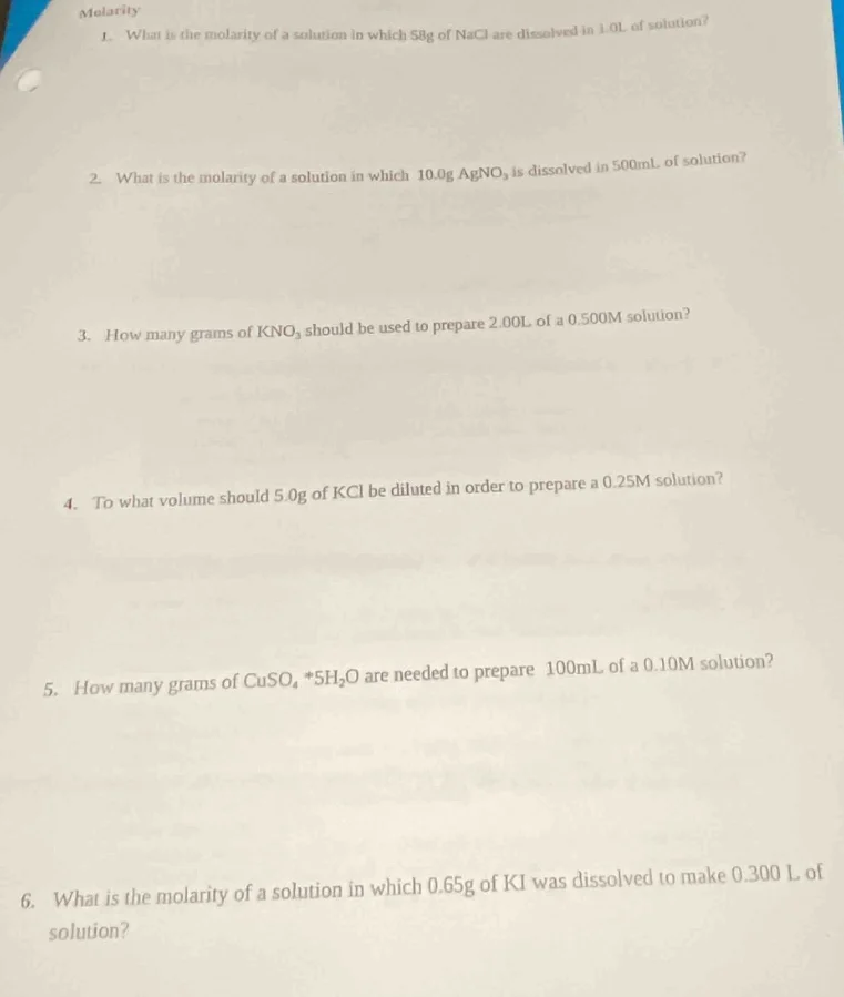 molarity 1. what is the molarity of a solution in which 58g of nacl are…