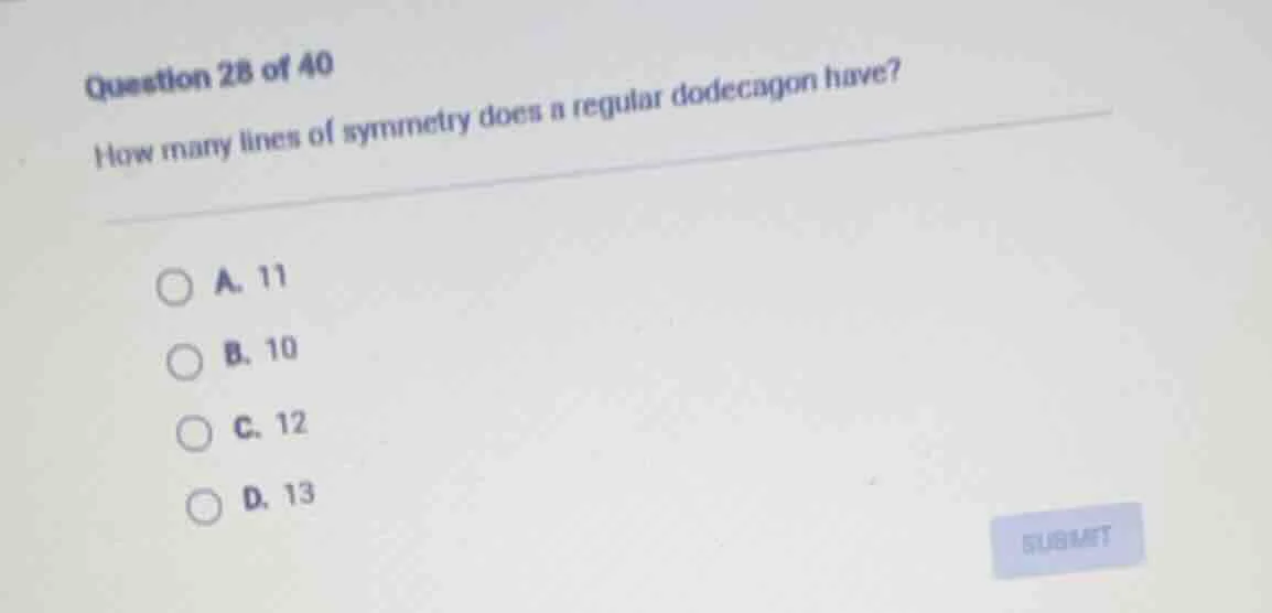 question 28 of 40 how many lines of symmetry does a regular dodecagon h…