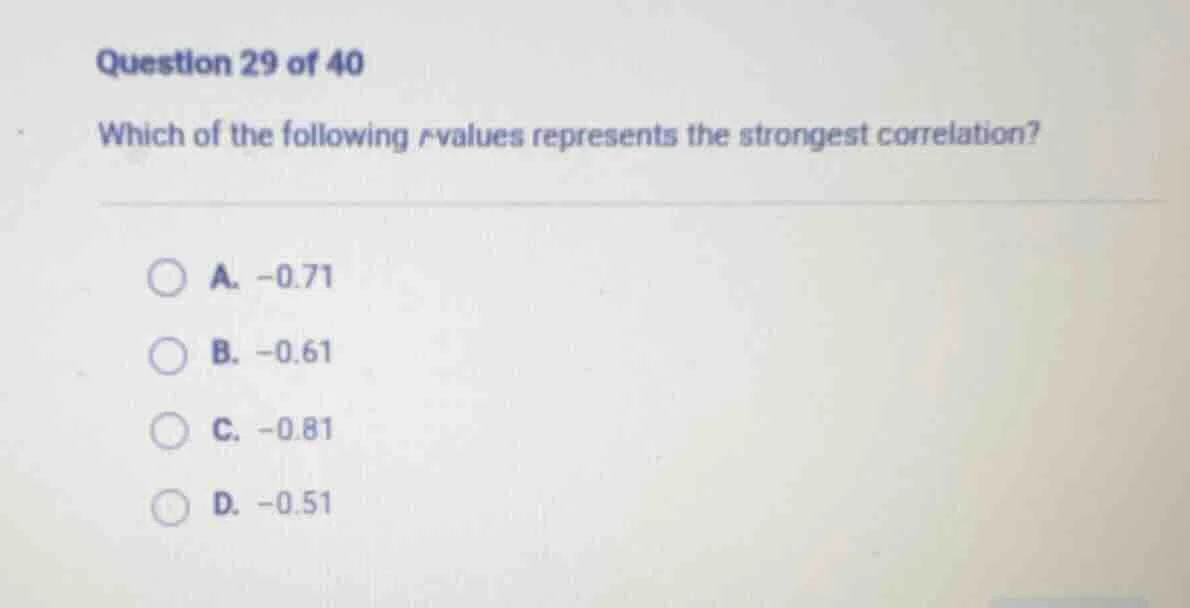 question 29 of 40 which of the following r-values represents the strong…