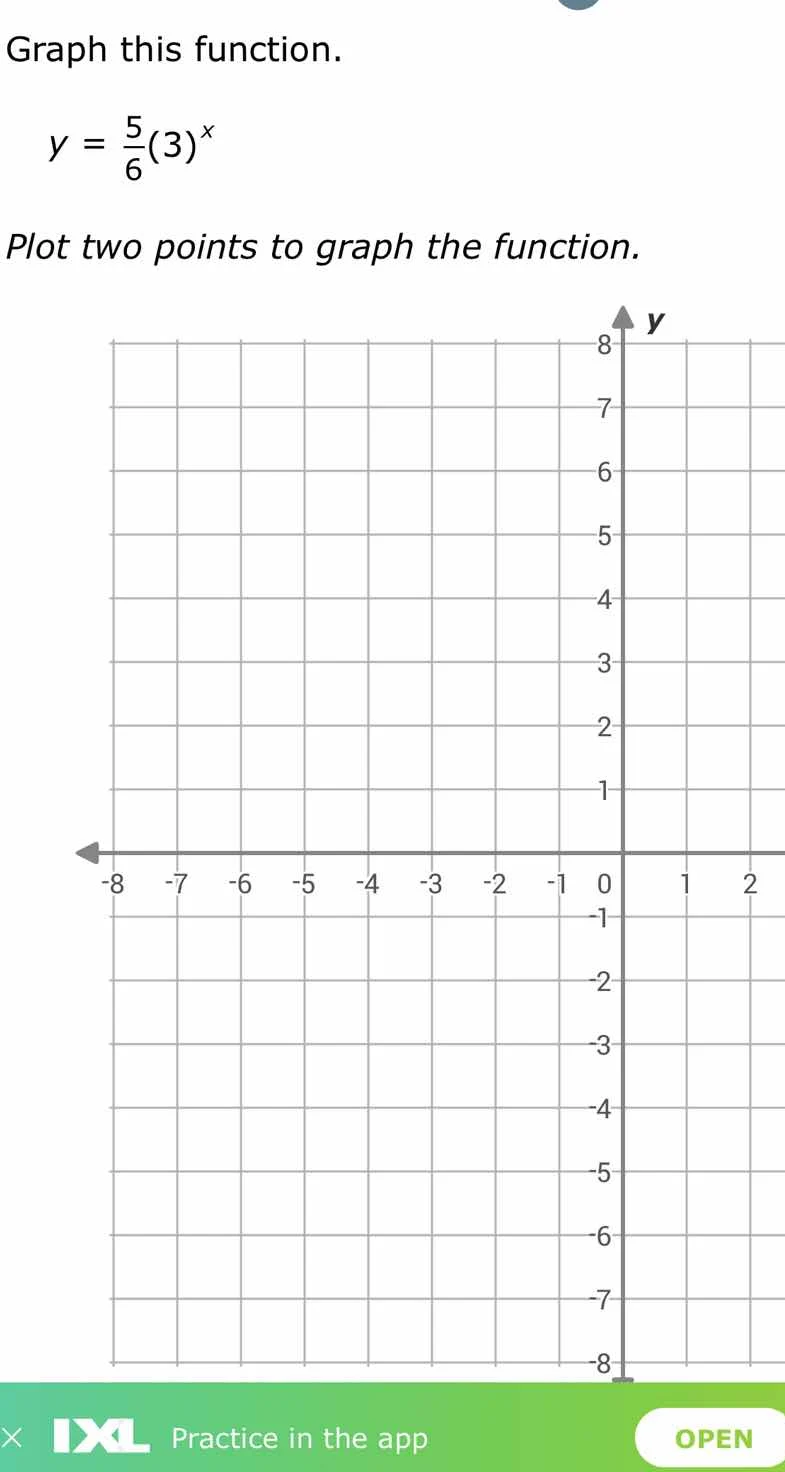 graph this function. $y = \\frac{5}{6}(3)^x$ plot two points to graph t…