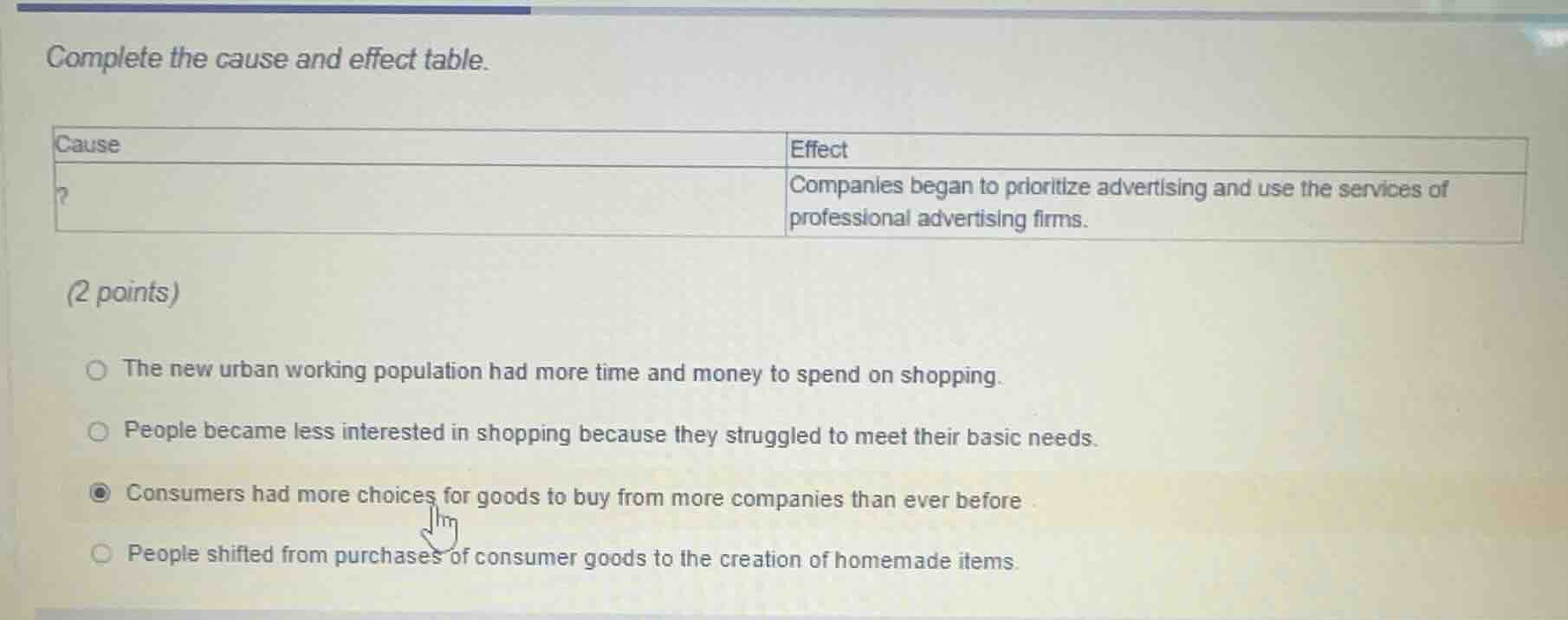 complete the cause and effect table. cause | effect ? | companies began…