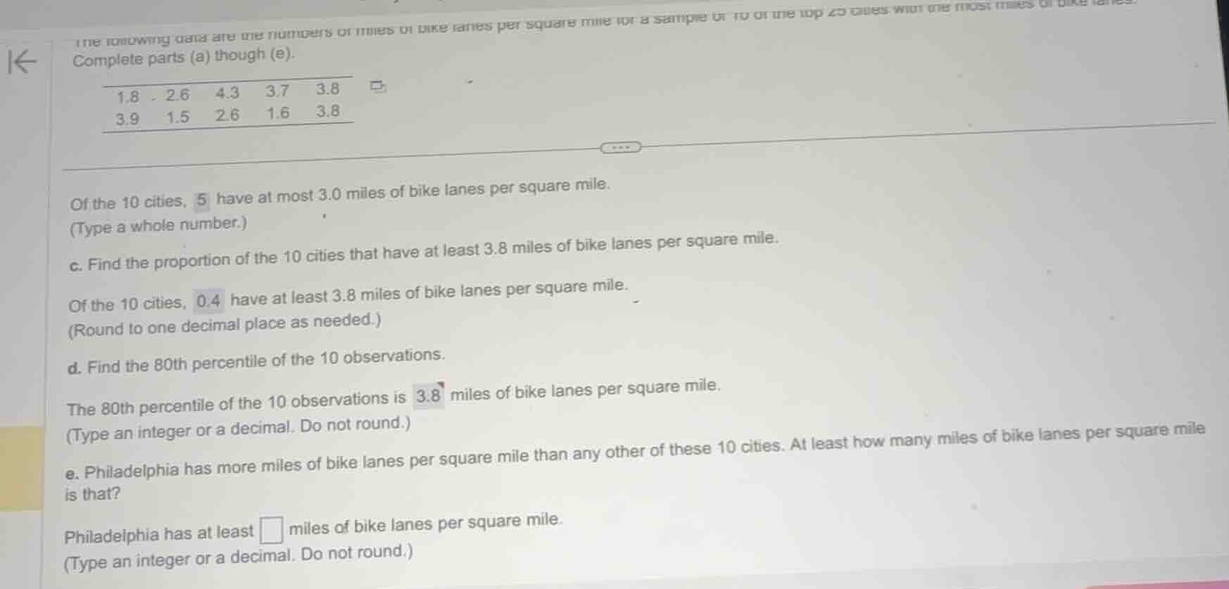 the following data are the numbers of miles of bike lanes per square mi…