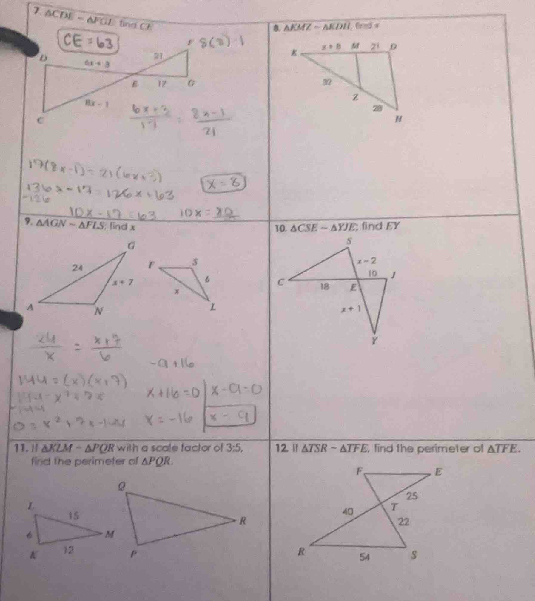 7. $delta cde sim delta fge$, find $ce$8. $delta kmz sim delta kdh$, fi…