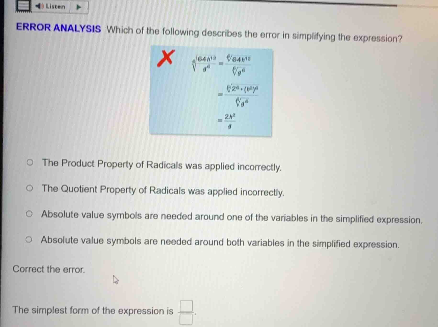 error analysis which of the following describes the error in simplifyin…