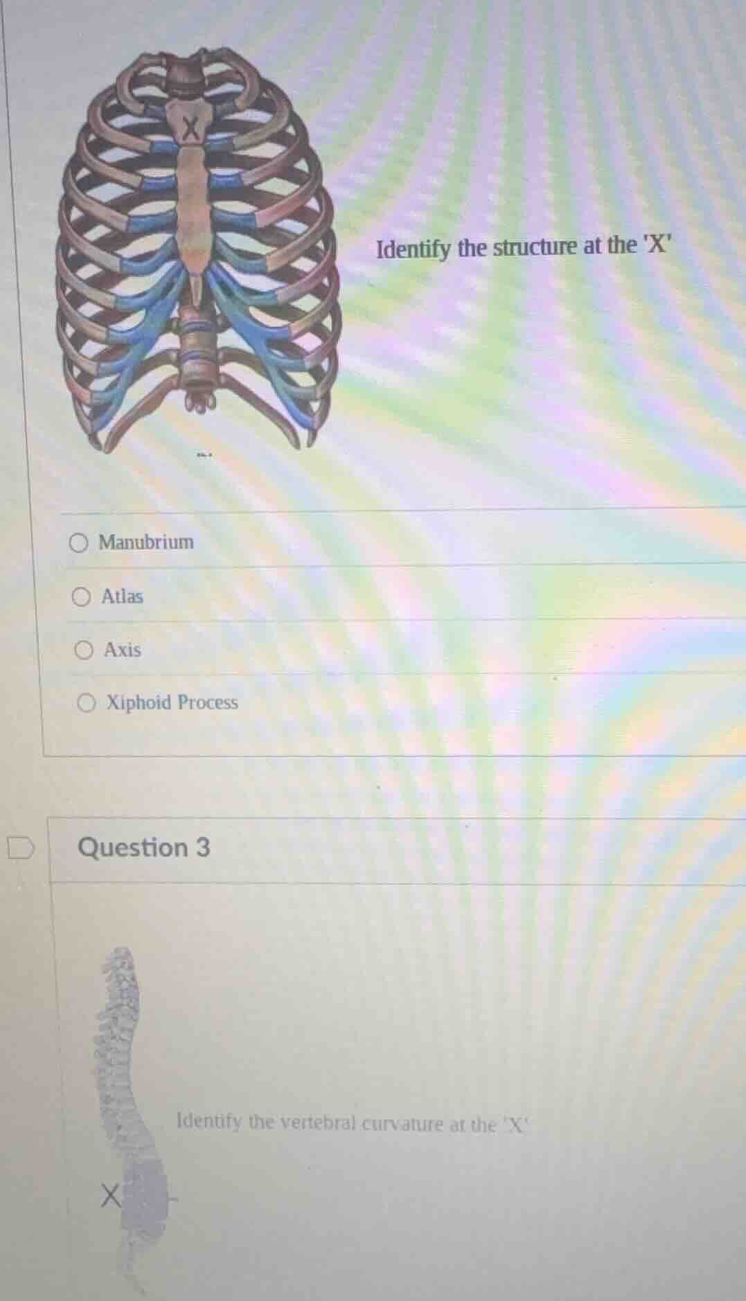 identify the structure at the x○ manubrium○ atlas○ axis○ xiphoid proces…