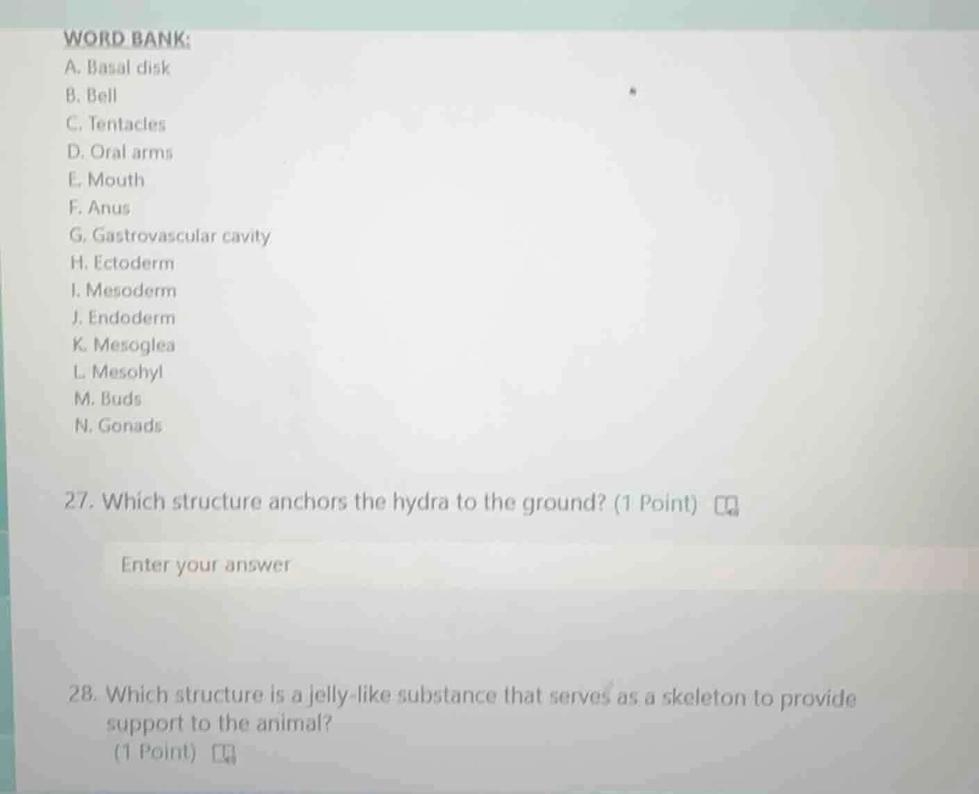 word bank: a. basal disk b. bell c. tentacles d. oral arms e. mouth f. …