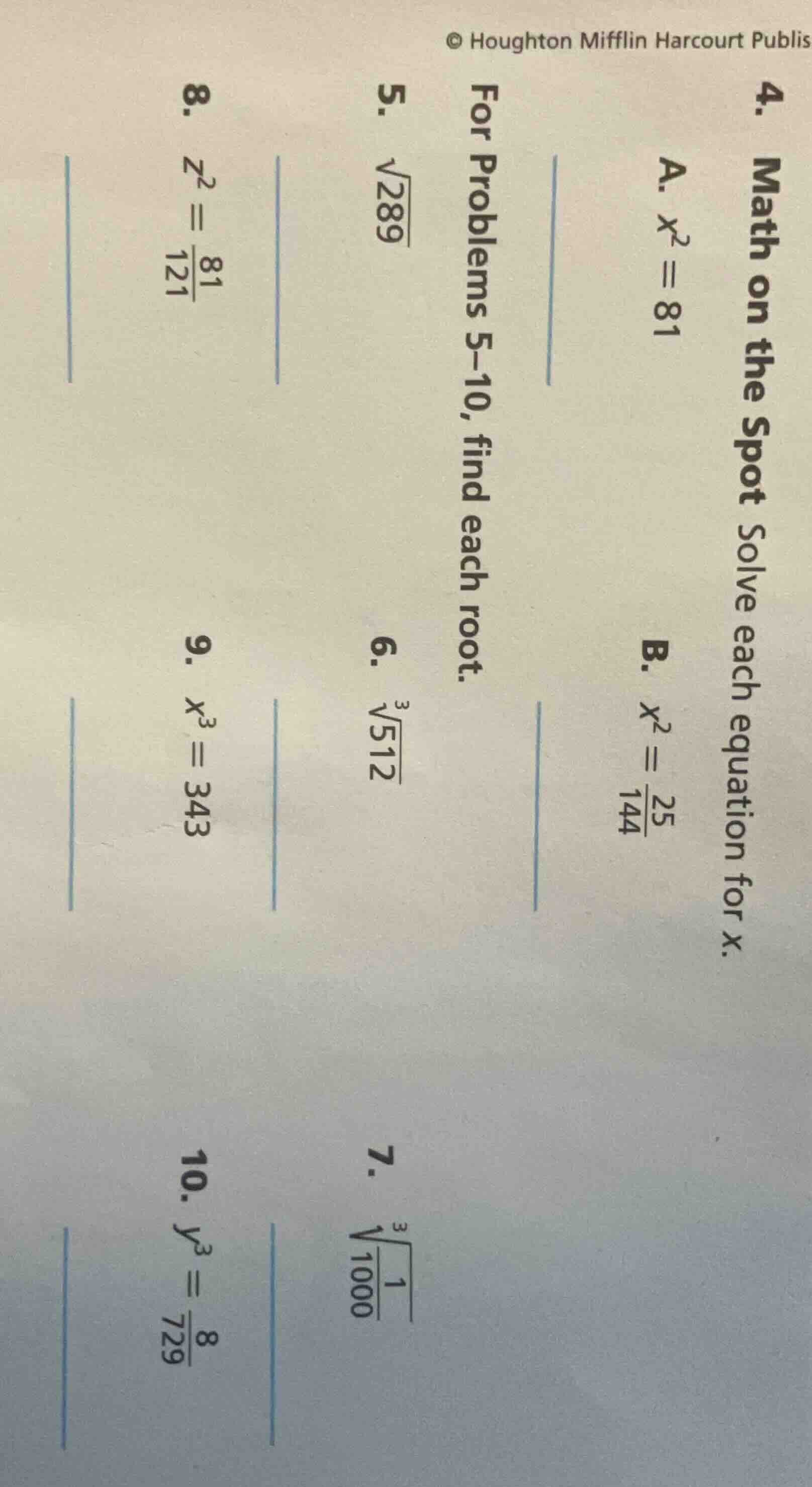 © houghton mifflin harcourt publis 4. math on the spot solve each equat…