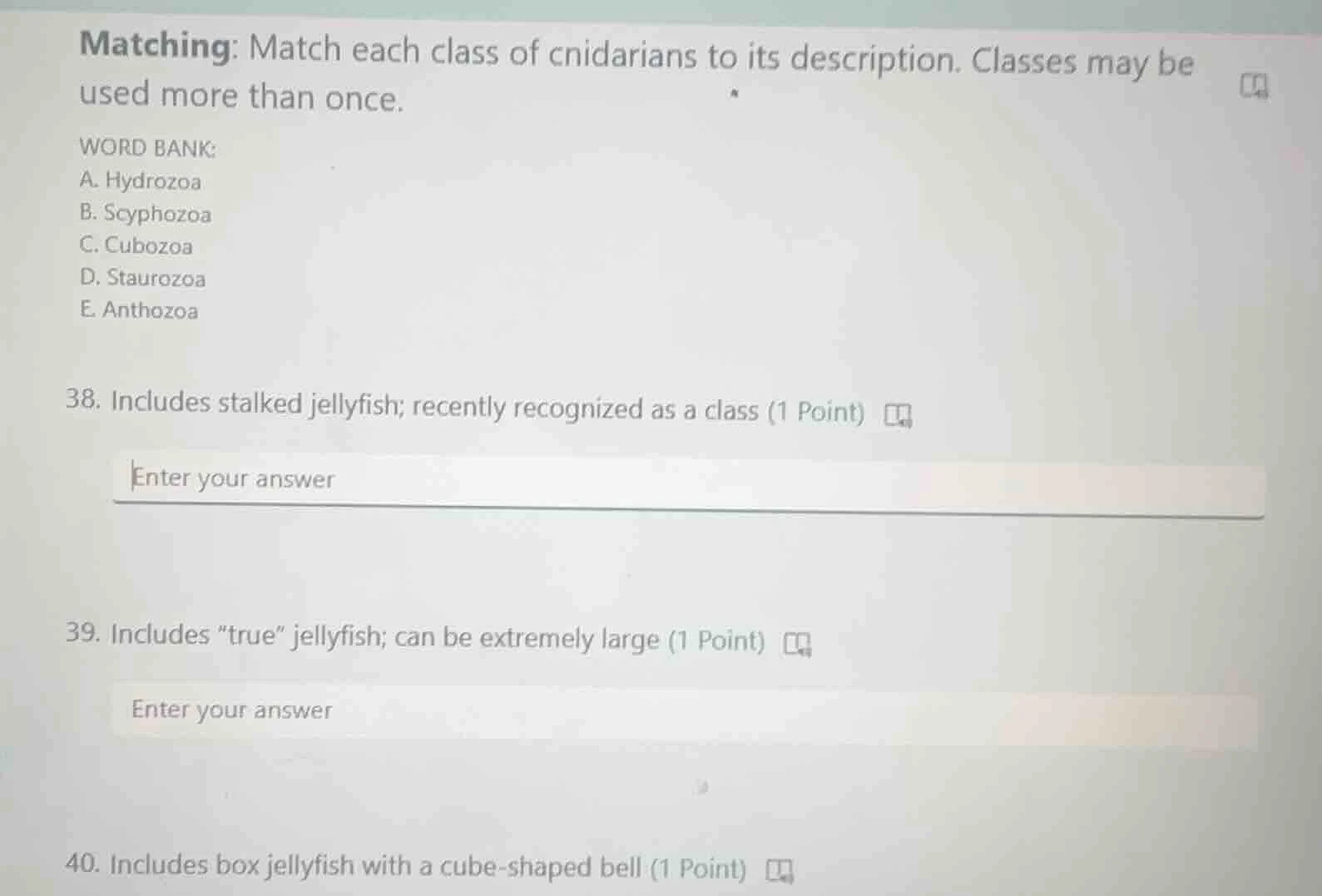 matching: match each class of cnidarians to its description. classes ma…