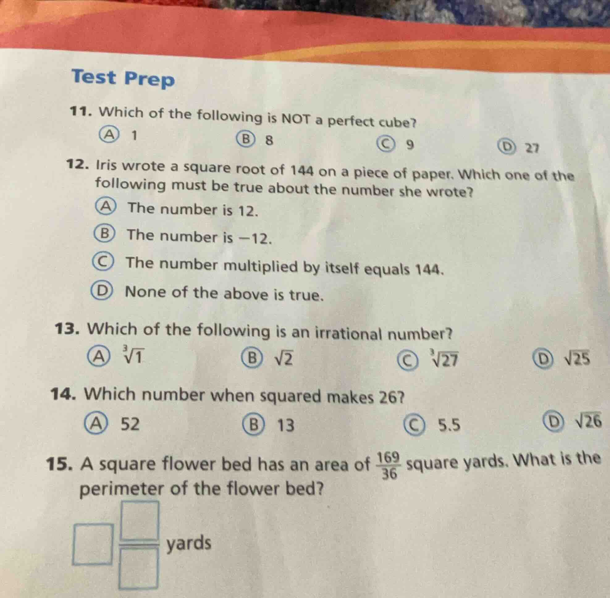 test prep 11. which of the following is not a perfect cube? a 1 b 8 c 9…