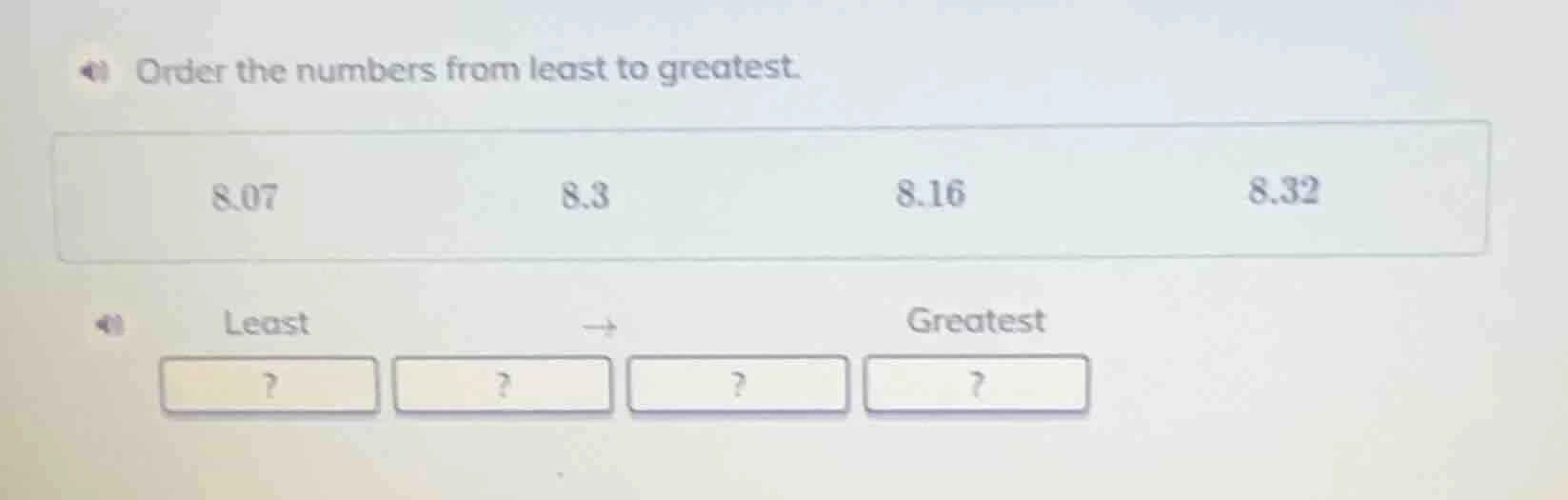 order the numbers from least to greatest. 8.07 8.3 8.16 8.32 least → gr…