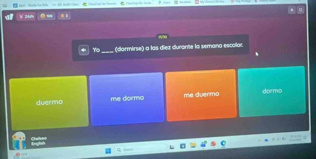 17/30 yo ____ (dormirse) a las diez durante la semana escolar. duermo m…