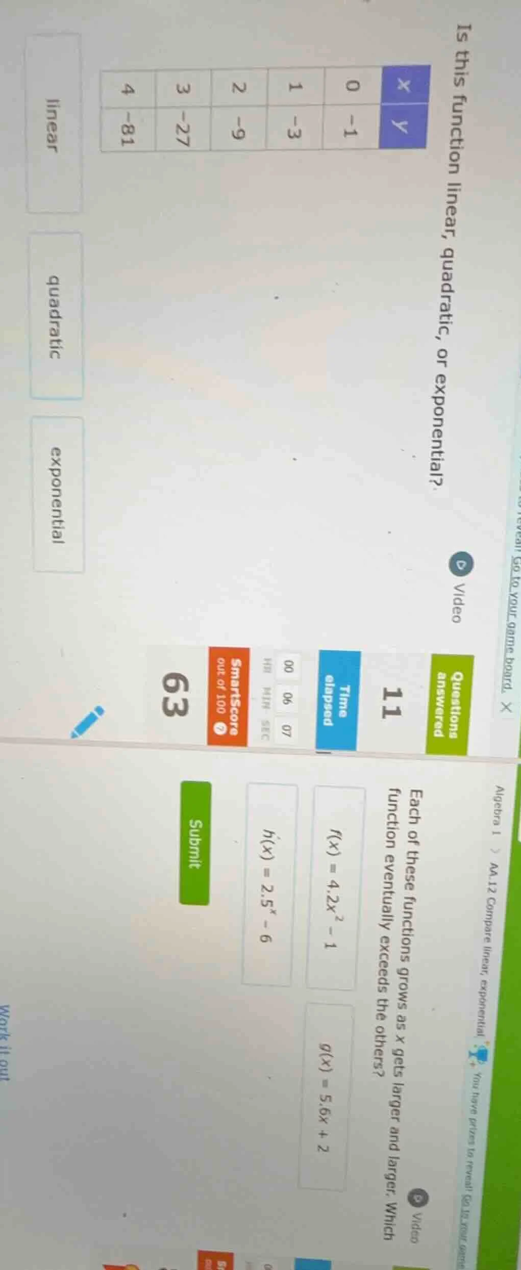 1. is this function linear, quadratic, or exponential? |x|y| |----|----…