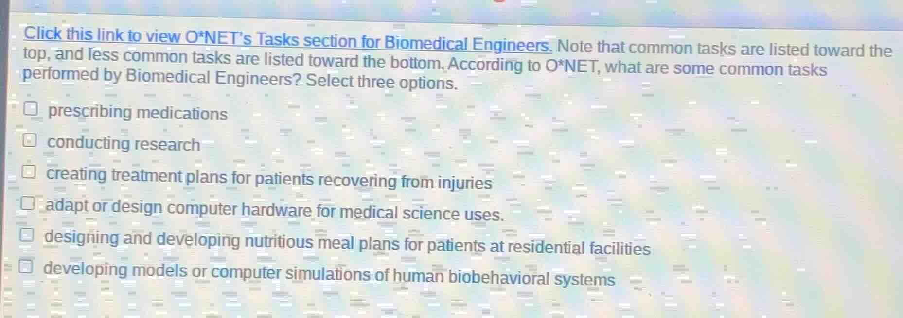 click this link to view o*nets tasks section for biomedical engineers. …