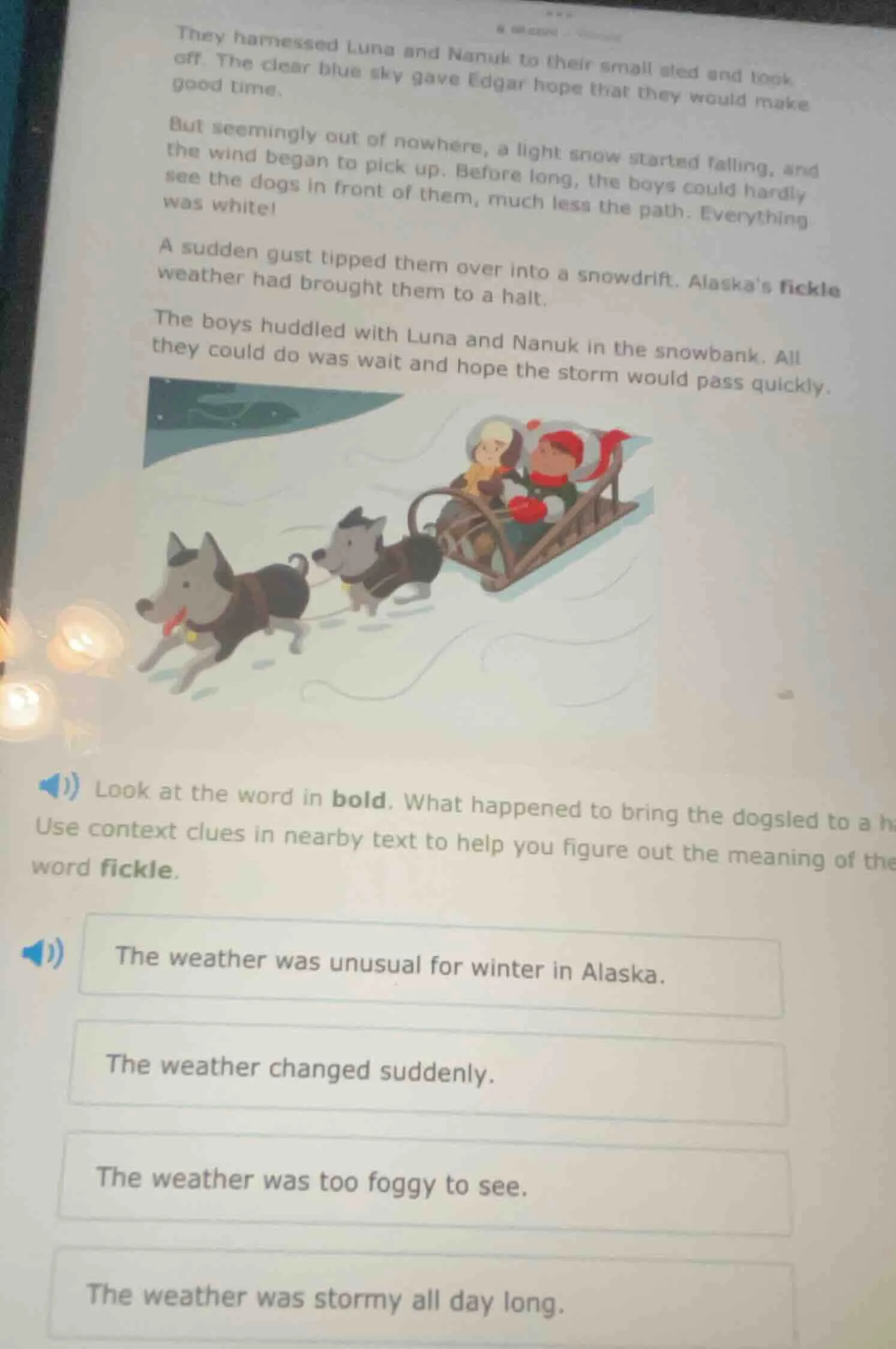 they harnessed luna and nanuk to their small sled and took off. the cle…